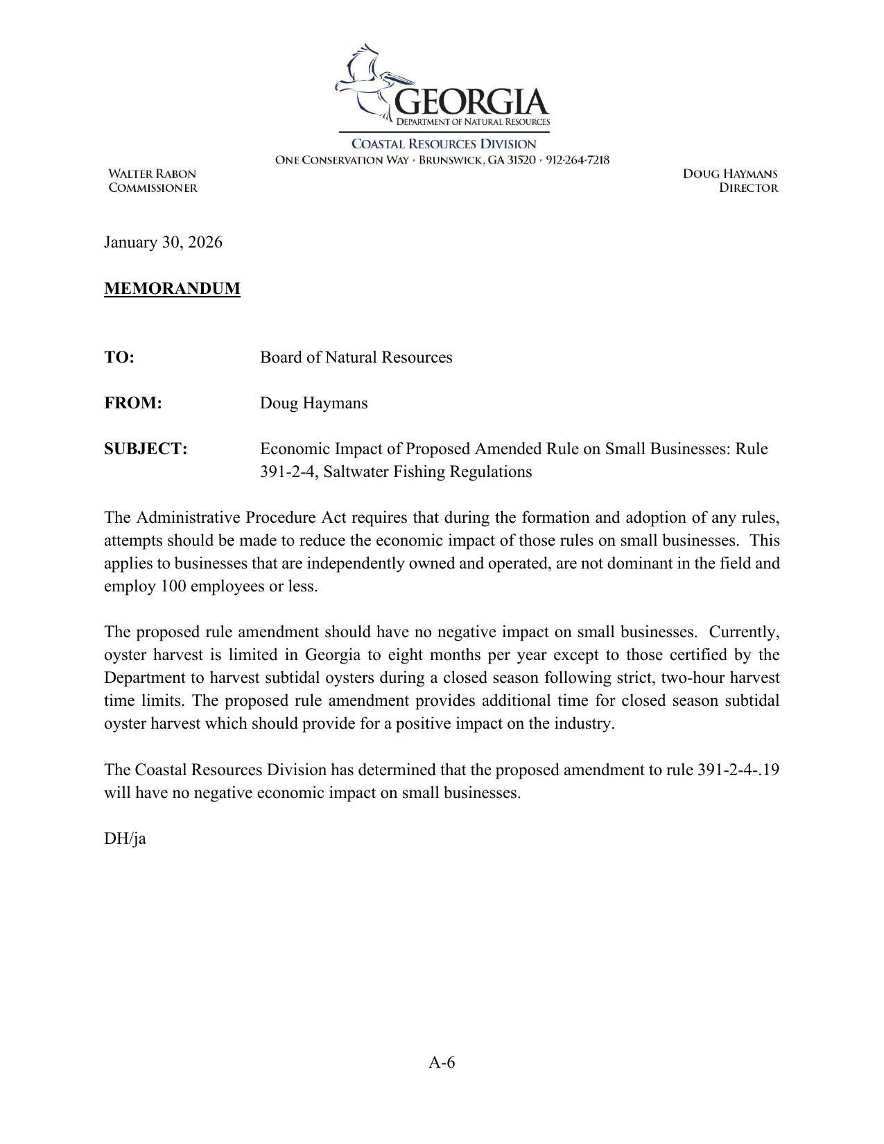 Economic Impact of Proposed Amended Rule on Small Businesses: Rule 391-2-4, Saltwater Fishing Regulations