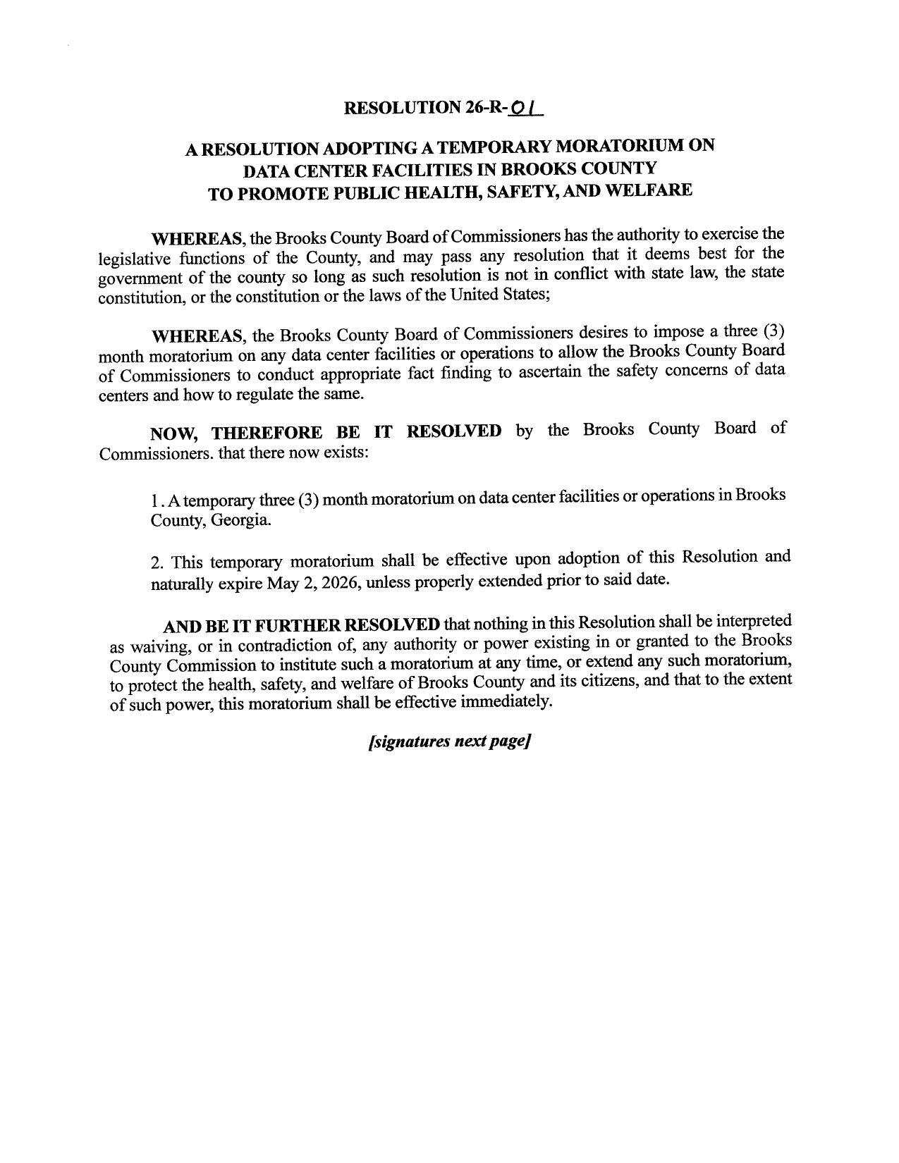 Data Center Moratorium Resolution, 2026-02-26, Brooks County Commission