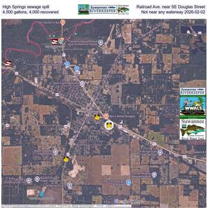 [High Springs sewage spill, Railroad Ave. near SE Douglas Street, 4,500 gallons, 4,000 recovered, Not near any waterway 2026-02-02]