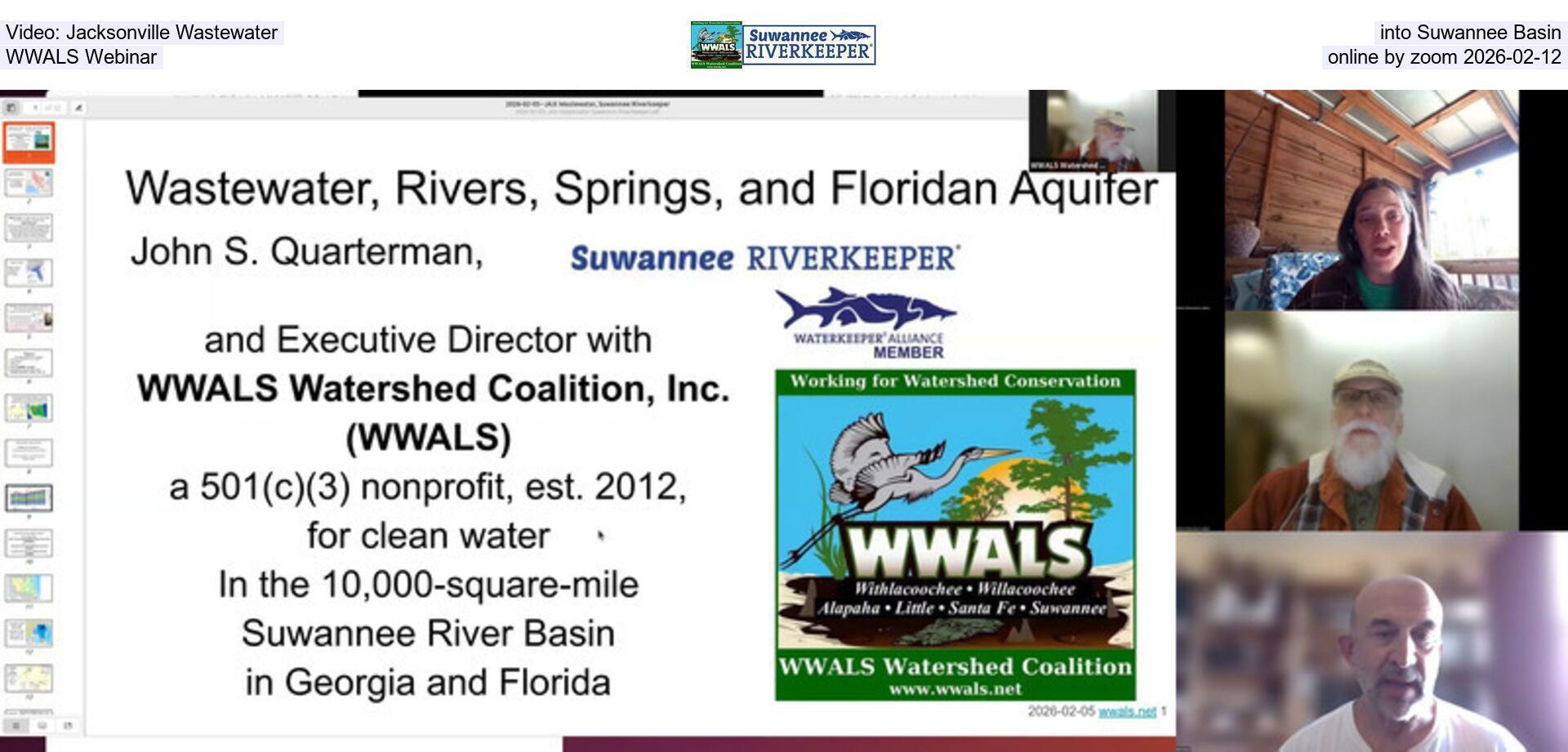 [Video: Jacksonville Wastewater into Suwannee Basin, WWALS Webinar, online by zoom 2026-02-12]