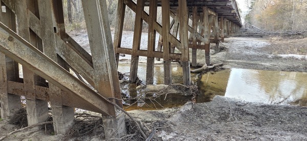[Withlacoochee River under the Norfolk Southern Railroad trestle, 2026:02:14 17:18:44, 30.8632309, -83.3215454]