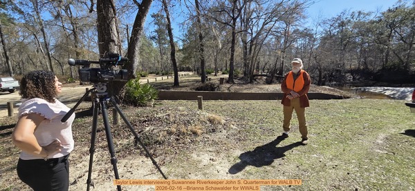 Taylor Lewis interviewing Suwannee Riverkeeper John S. Quarterman for WALB TV, 2026-02-16 --Brianna Schawalder for WWALS