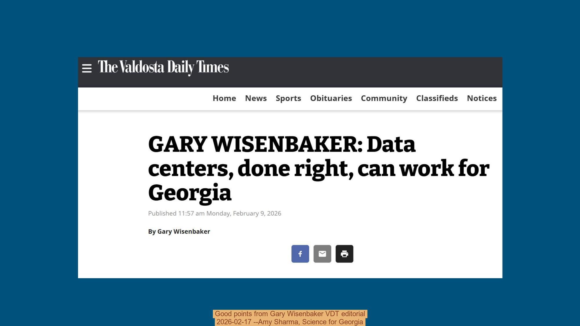 Good points from Gary Wisenbaker VDT editorial, 2026-02-17 --Amy Sharma, Science for Georgia