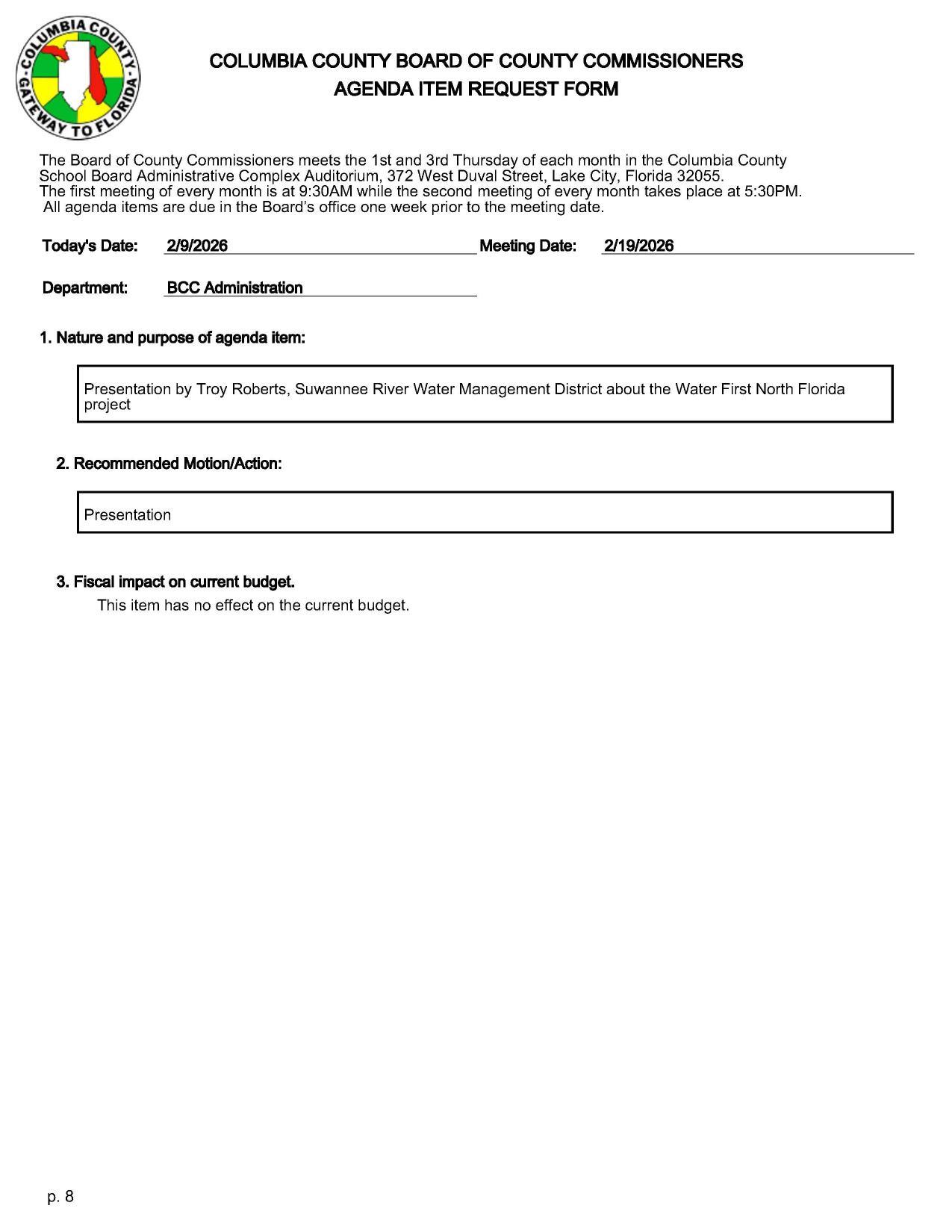 Presentation by Troy Roberts, Suwannee River Water Management District about the Water First North Florida project