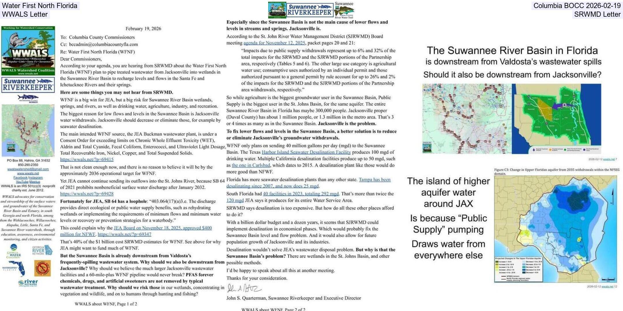 Water First North Florida, Columbia BOCC 2026-02-19, WWALS Letter, SRWMD Letter