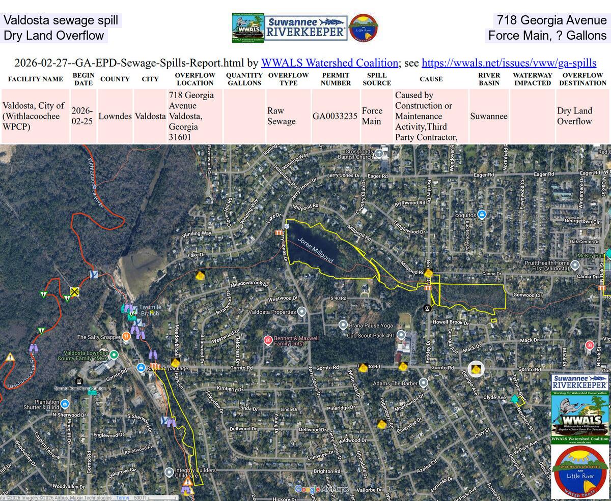 [Valdosta sewage spill, 718 Georgia Avenue, Dry Land Overflow, Force Main, Unknown Gallons]