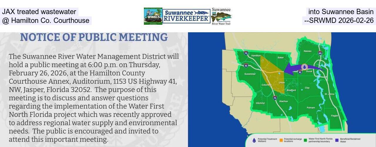 JAX treated wastewater into Suwannee Basin, @ Hamilton Co. Courthouse --SRWMD 2026-02-26
