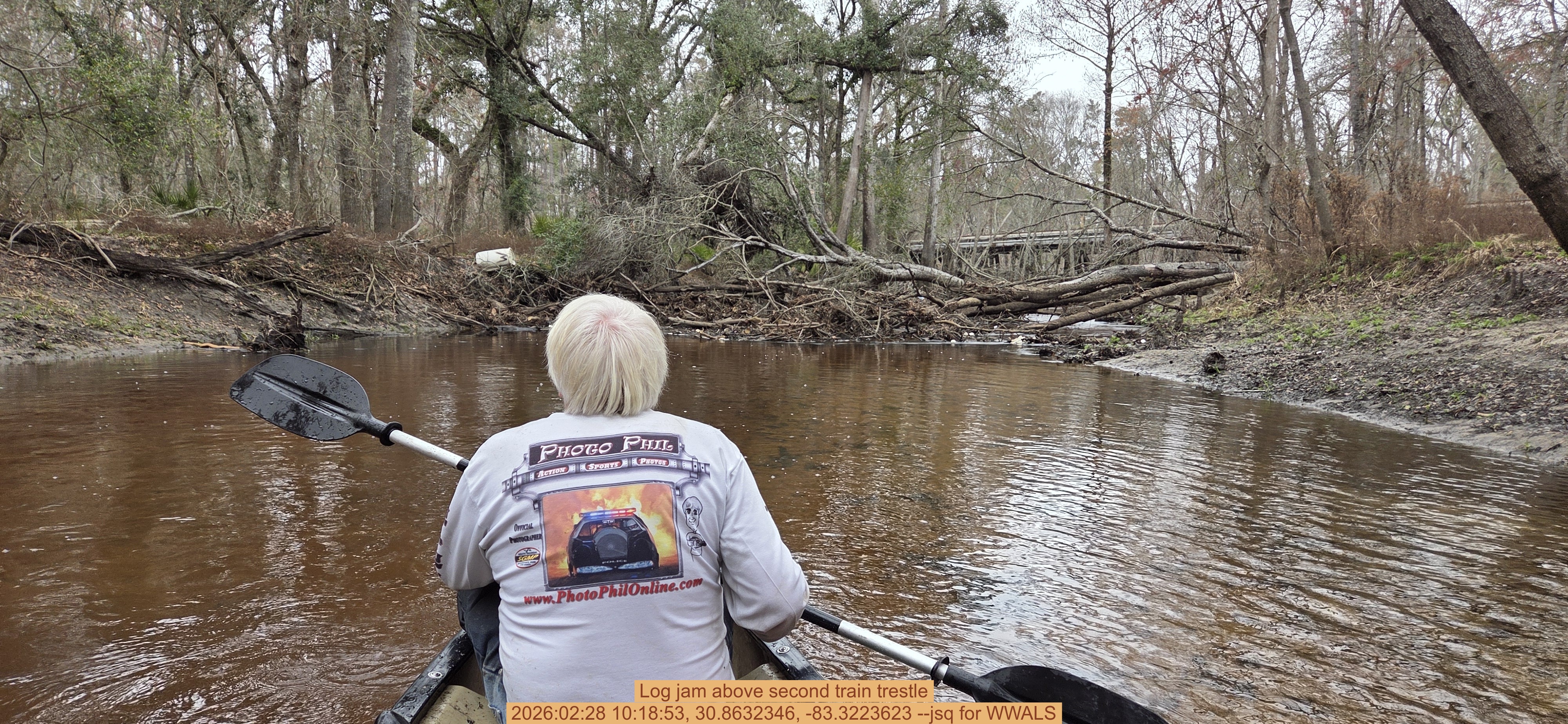 Log jam above second train trestle, 2026:02:28 10:18:53, 30.8632346, -83.3223623 --jsq for WWALS