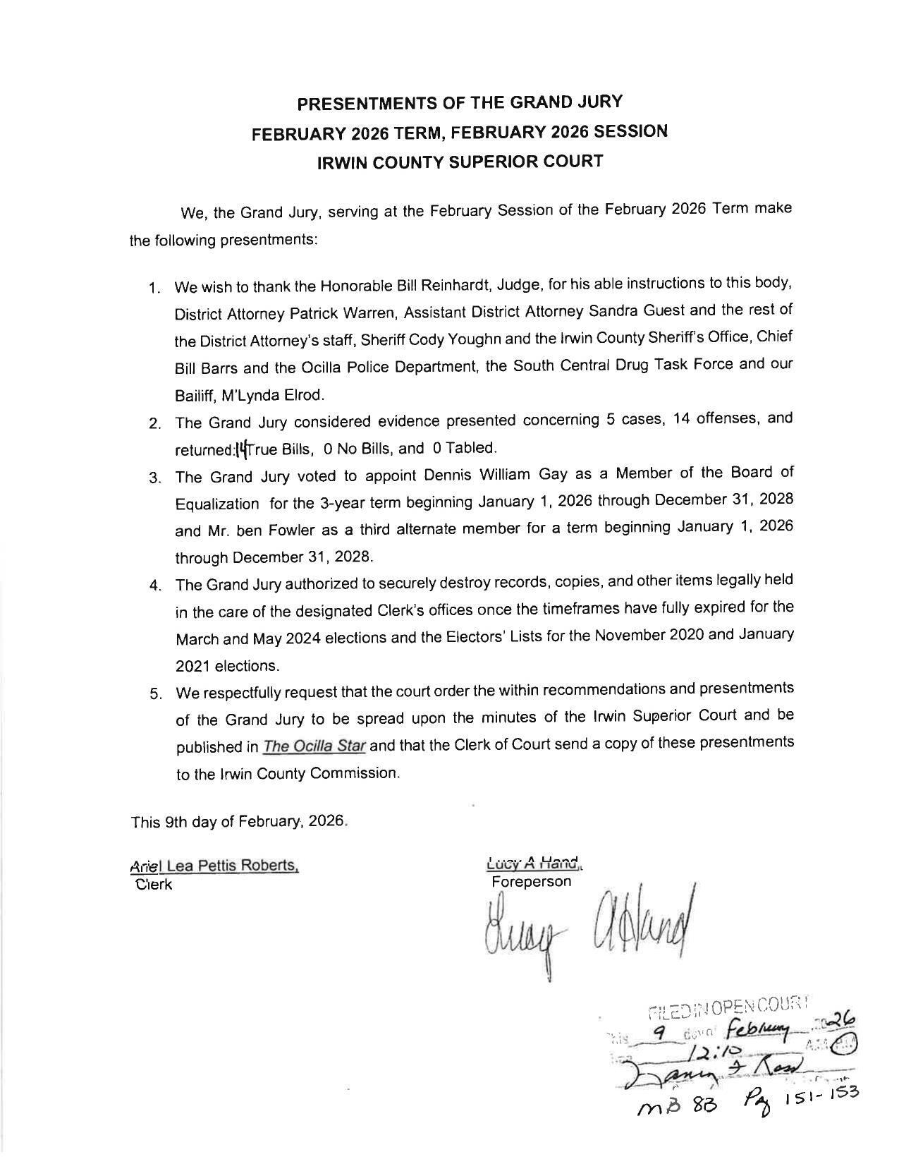 Presentments of the Grand Jury, FEBRUARY 2026 TERM, FEBRUARY 2026 SESSION, IRWIN COUNTY SUPERIOR COURT