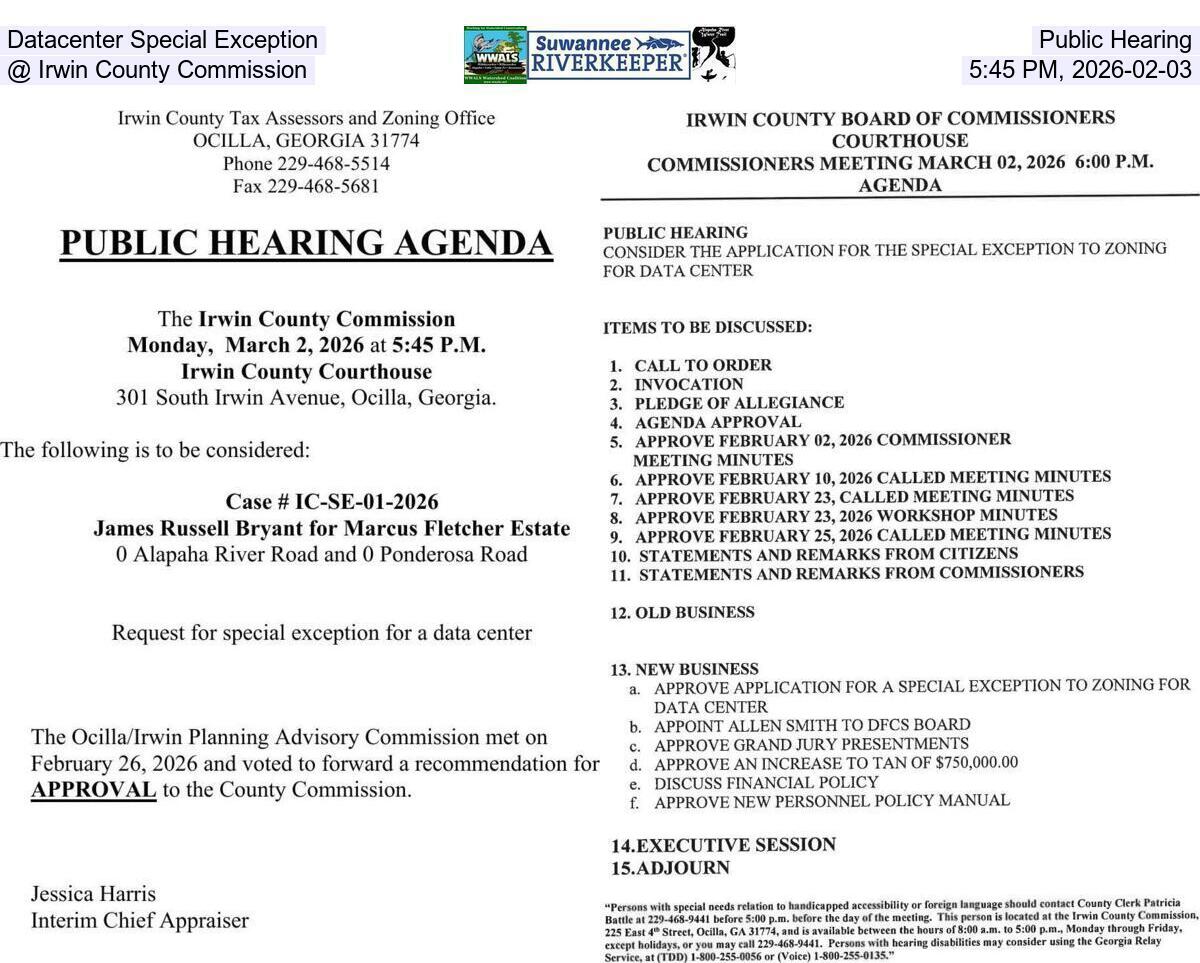 Datacenter Special Exception Public Hearing @ Irwin County Commission, 5:45 PM, 2026-02-03