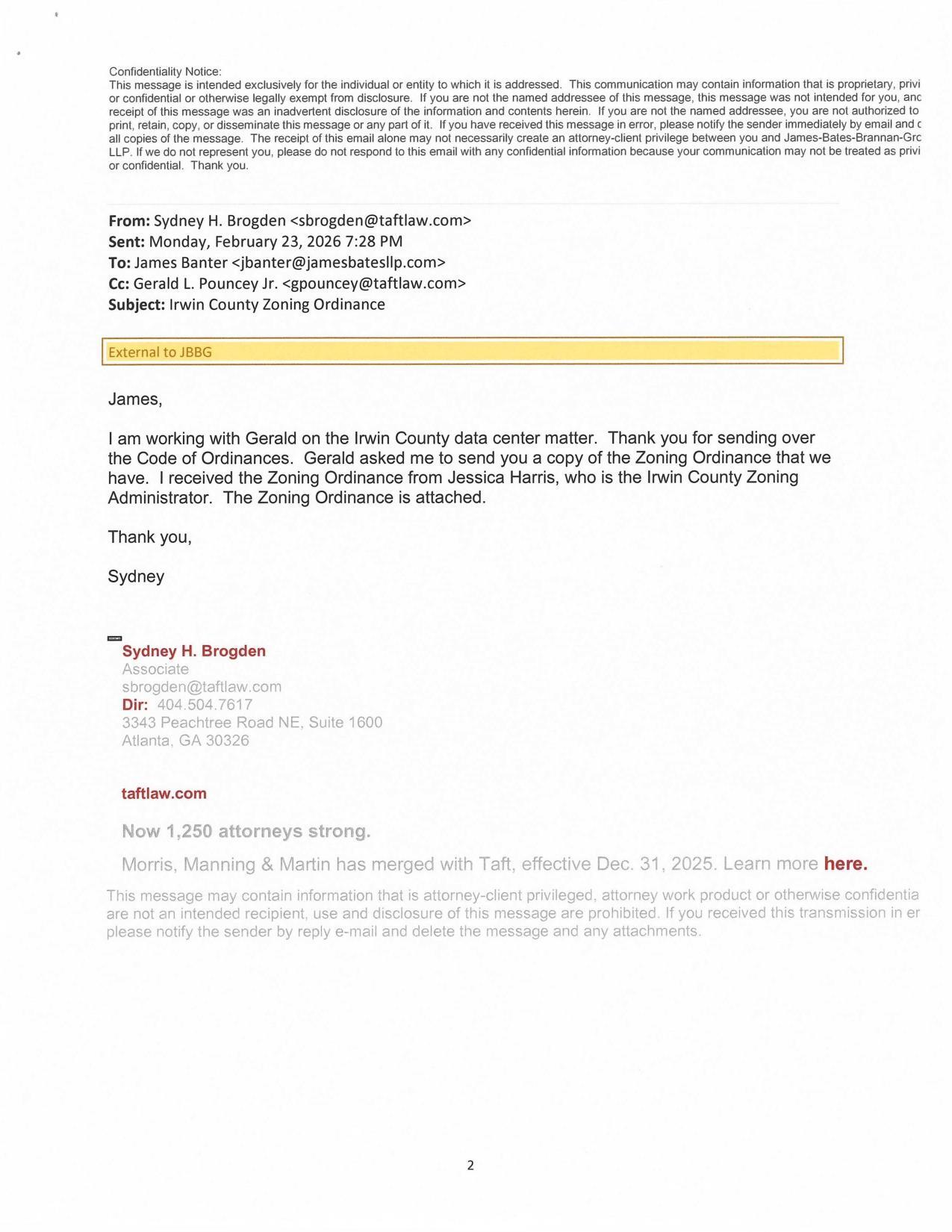 I am working with Gerald on the Irwin County data center matter. Thank you for sending over the Code of Ordinances. Gerald asked me to send you a copy of the Zoning Ordinance that we have. 2026-02-23 7:28 PM I received the Zoning Ordinance from Jessica Harris, who is the Irwin County Zoning Administrator. The Zoning Ordinance is attached. --Sydney H. Brogden
