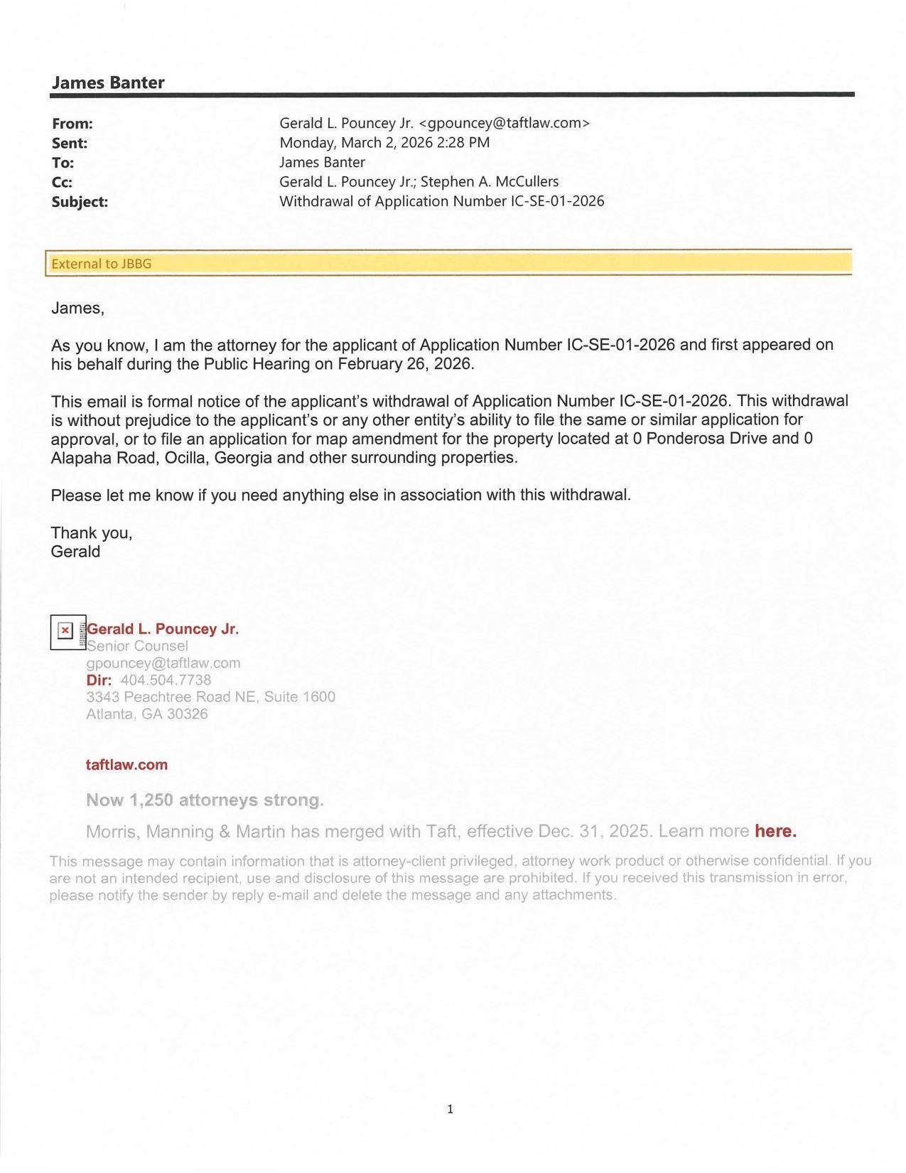 Applicant withdrawal of Application Number IC-SE-01-2026. 2026-03-02 2:28 PM --Gerald L. Pouncey Jr.