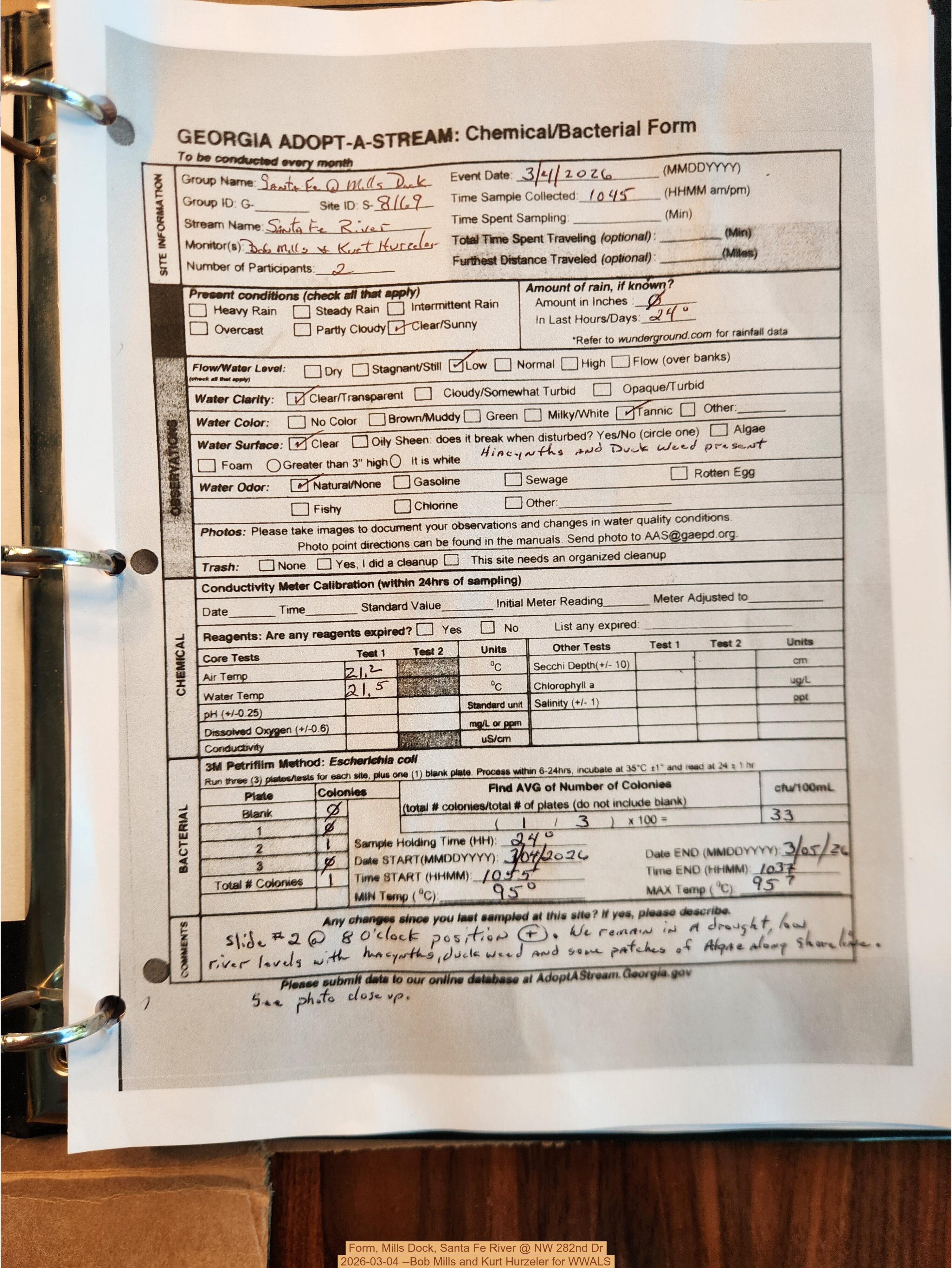 Form, Mills Dock, Santa Fe River @ NW 282nd Dr 2026-03-04 --Bob Mills and Kurt Hurzeler for WWALS