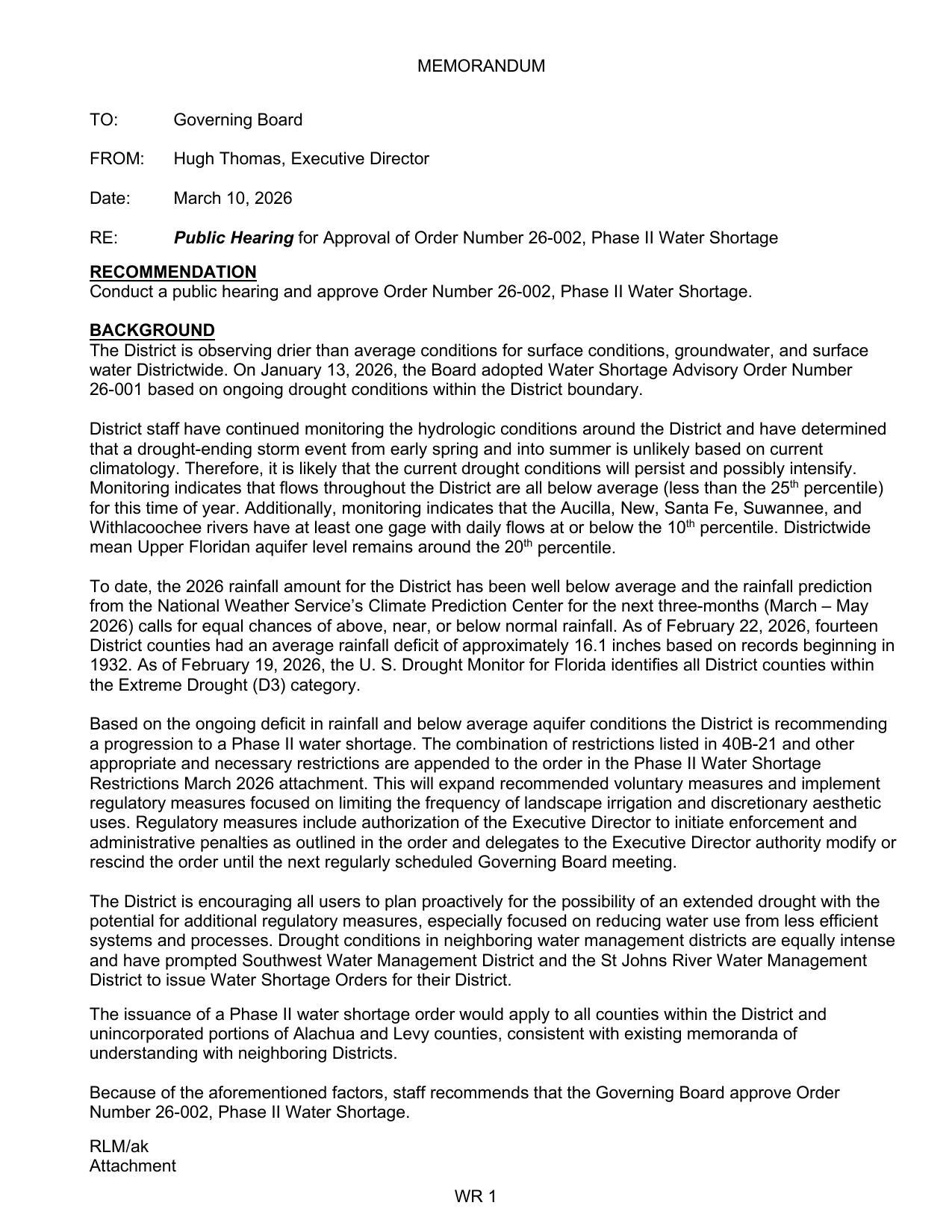 RECOMMENDATION Conduct a public hearing and approve Order Number 26-002, Phase II Water Shortage