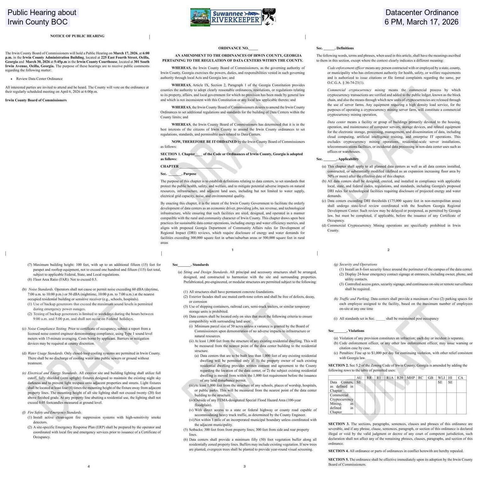 Public Hearing about Datacenter Ordinance, Irwin County BOC, 6 PM, March 17, 2026