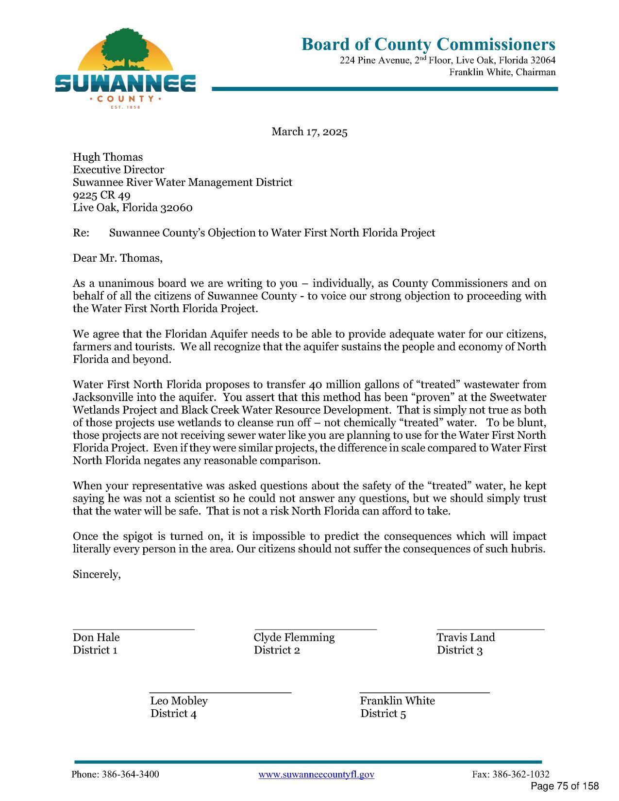 Suwannee County’s Objection to Water First North Florida Project, 2026-03-17 --Suwannee County Board of County Commissioners