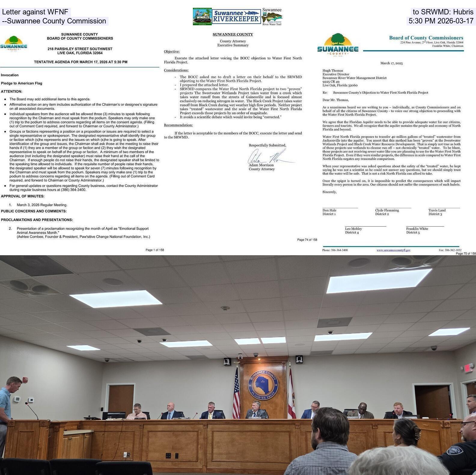 Letter against WFNF, to SRWMD: Hubris --Suwannee County Commission, 5:30 PM 2026-03-17
