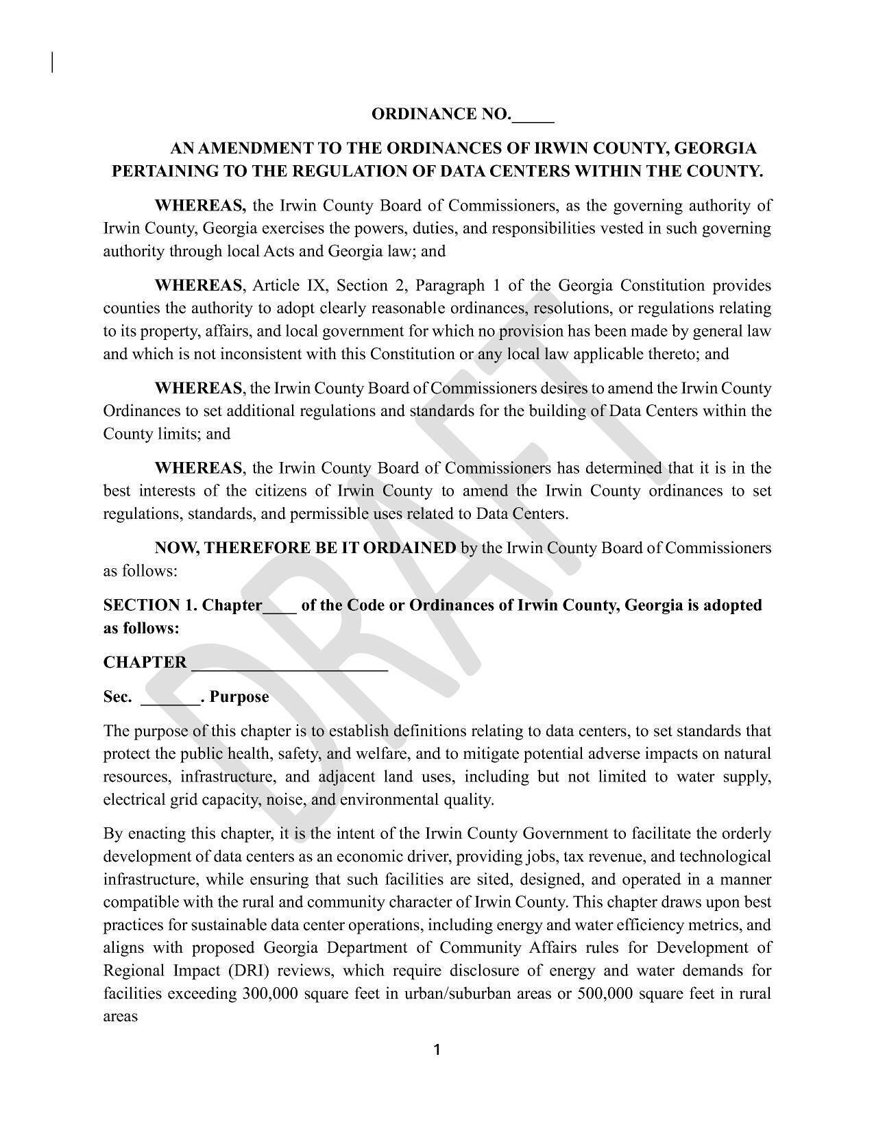 AN AMENDMENT TO THE ORDINANCES OF IRWIN COUNTY, GEORGIA PERTAINING TO THE REGULATION OF DATA CENTERS WITHIN THE COUNTY.