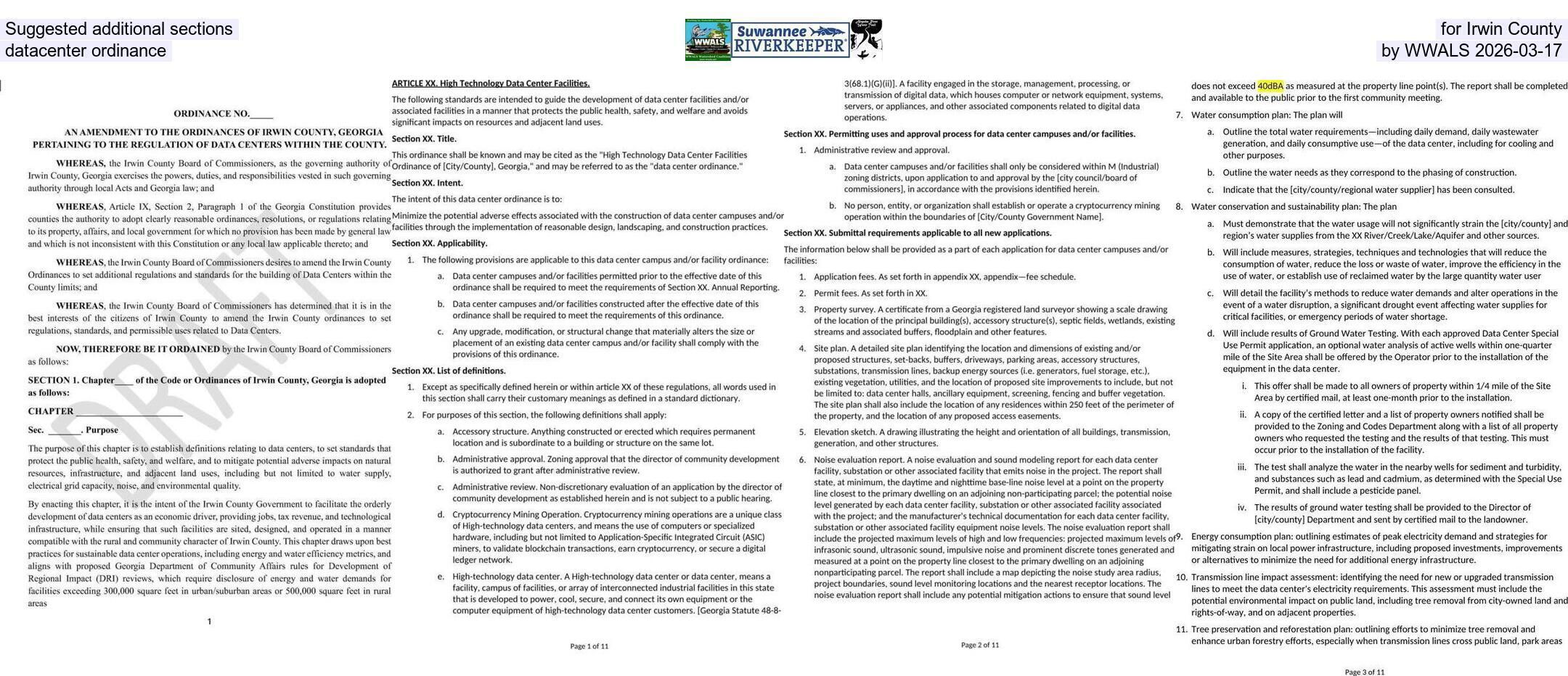 Suggested additional sections for Irwin County datacenter ordinance, by WWALS 2026-03-17