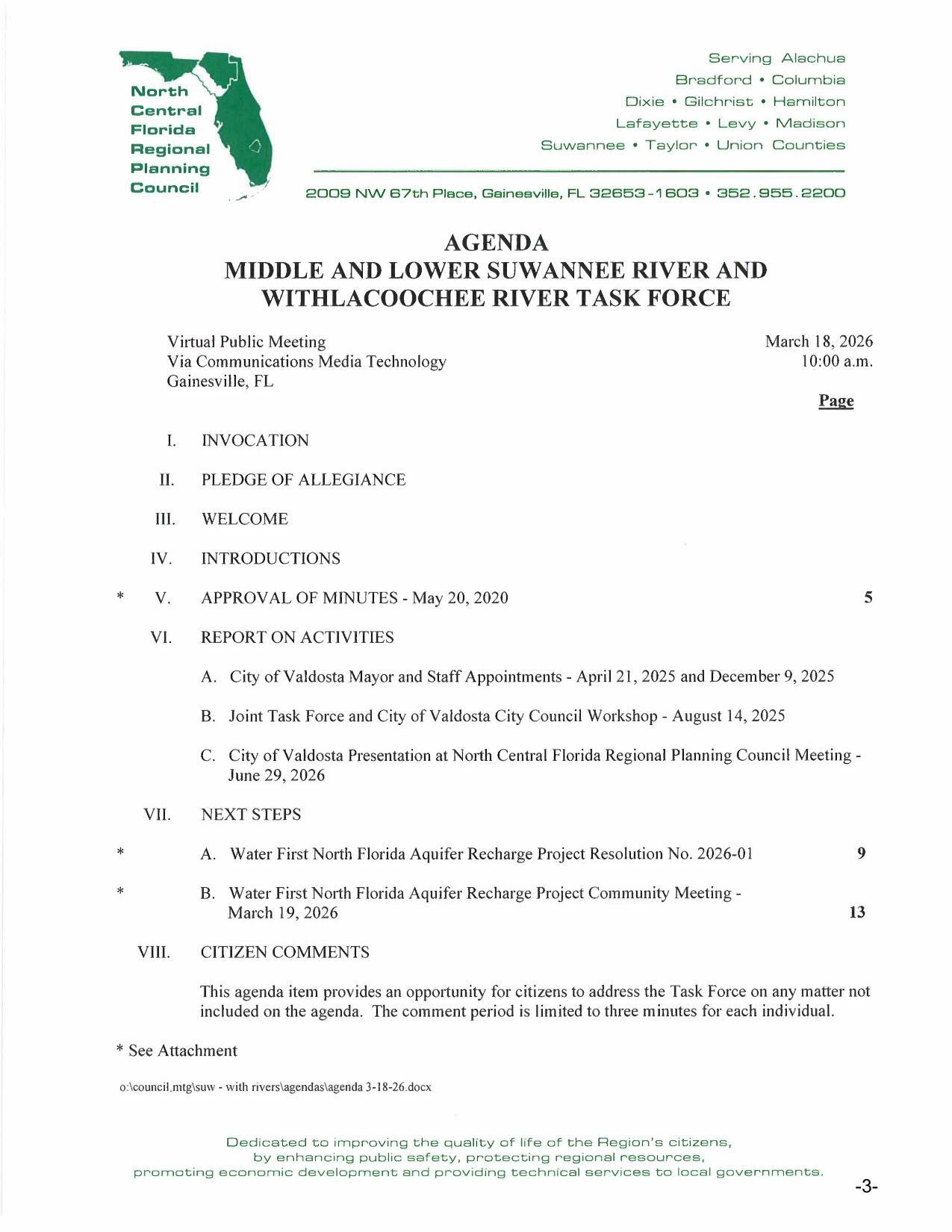 Agenda, Virtual Public Meeting March 18, 2026