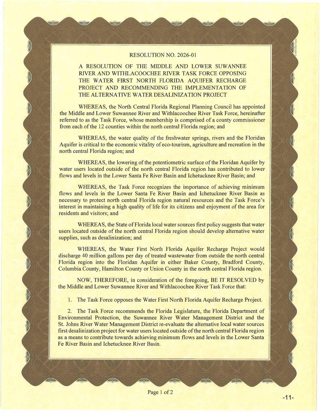 RESOLUTION NO. 2026-01 OPPOSING THE WATER FIRST NORTH FLORIDA AQUIFER RECHARGE PROJECT AND RECOMMENDING THE IMPLEMENTATION OF THE ALTERNATIVE WATER DESALINIZATION PROJECT