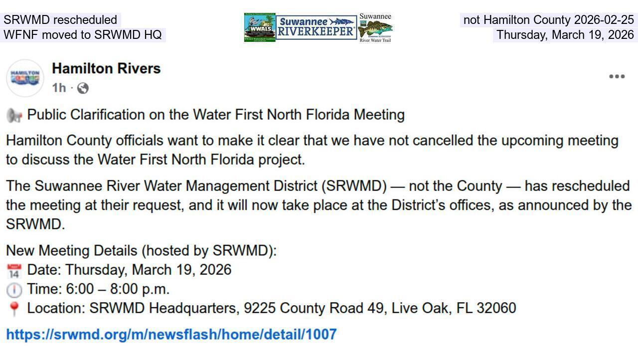 SRWMD rescheduled, not Hamilton County 2026-02-25, WFNF moved to SRWMD HQ, Thursday, March 19, 2026