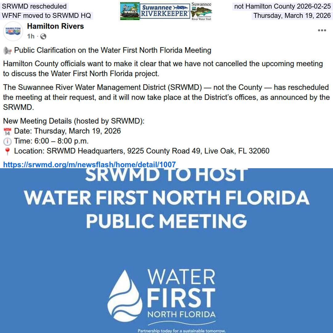 SRWMD rescheduled, not Hamilton County 2026-02-25, WFNF moved to SRWMD HQ, Thursday, March 19, 2026