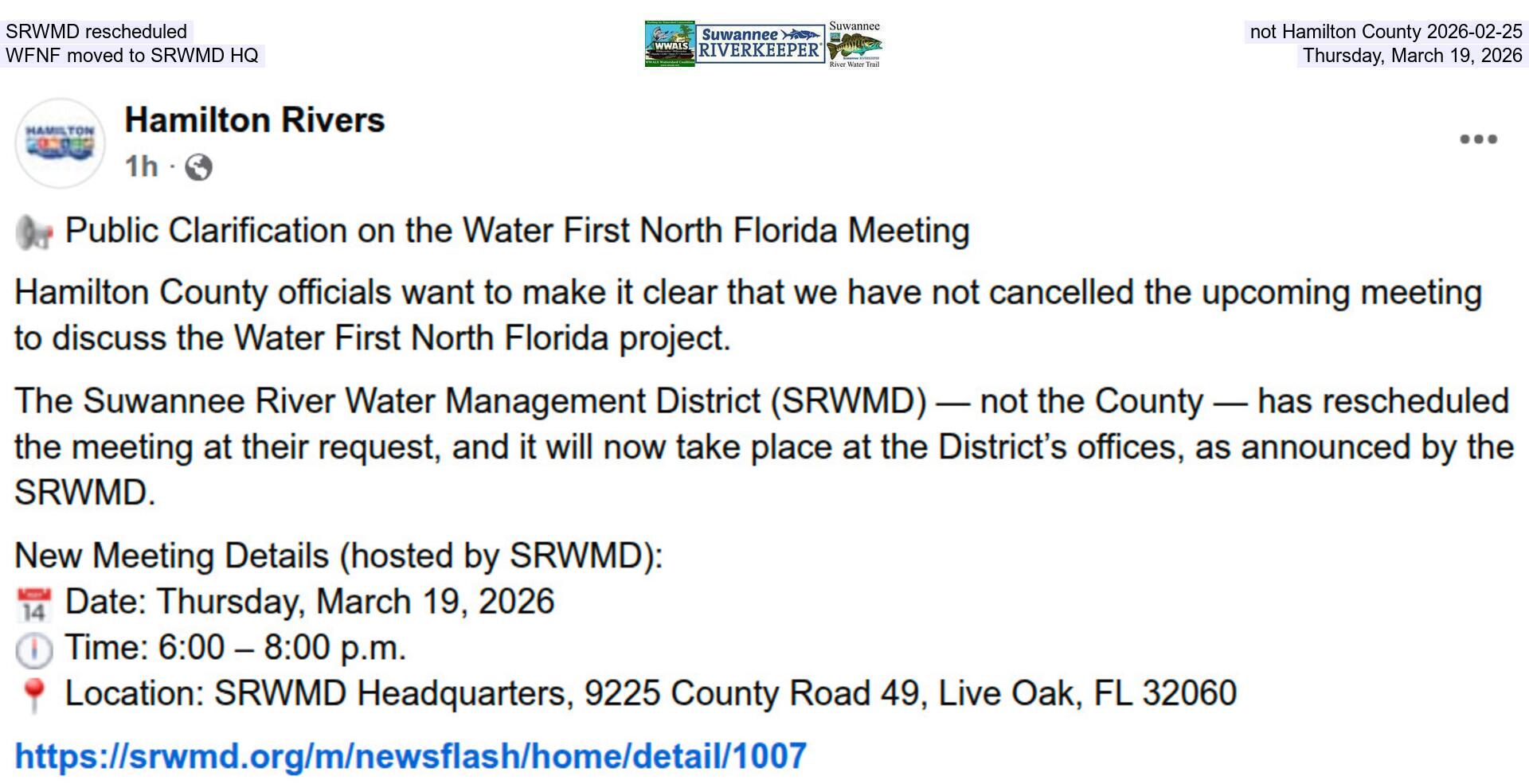 [SRWMD rescheduled, not Hamilton County 2026-02-25, WFNF moved to SRWMD HQ, Thursday, March 19, 2026]