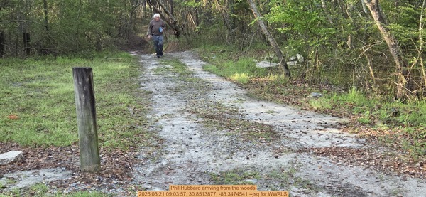 Phil Hubbard arriving from the woods, 2026:03:21 09:03:57, 30.8513877, -83.3474541 --jsq for WWALS
