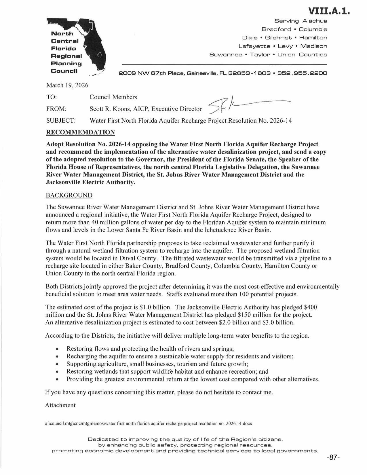 SUBJECT: Water First North Florida Aquifer Recharge Project Resolution No. 2026-14