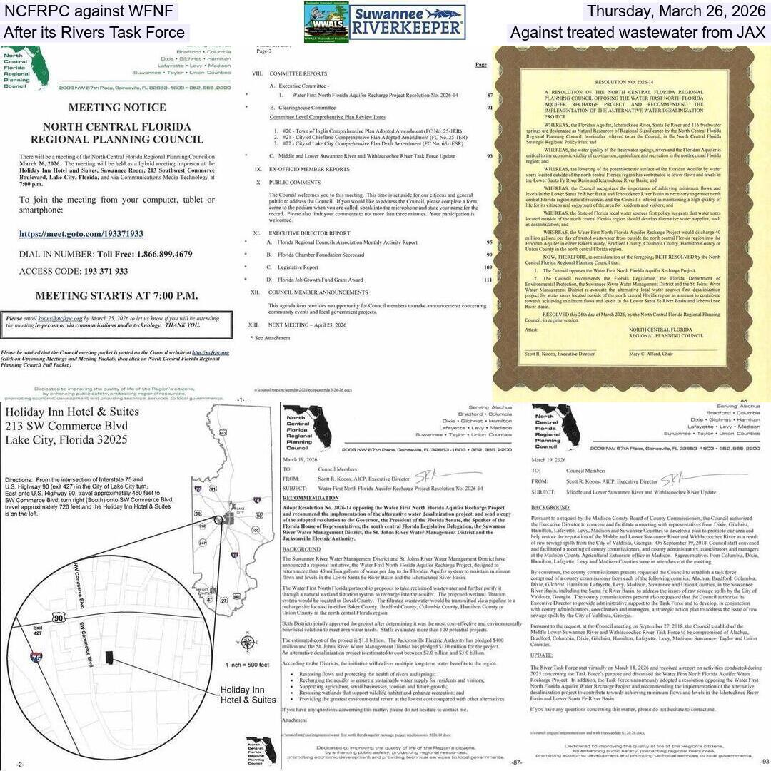 NCFRPC against WFNF, Thursday, March 26, 2026, After its Rivers Task Force, Against treated wastewater from JAX