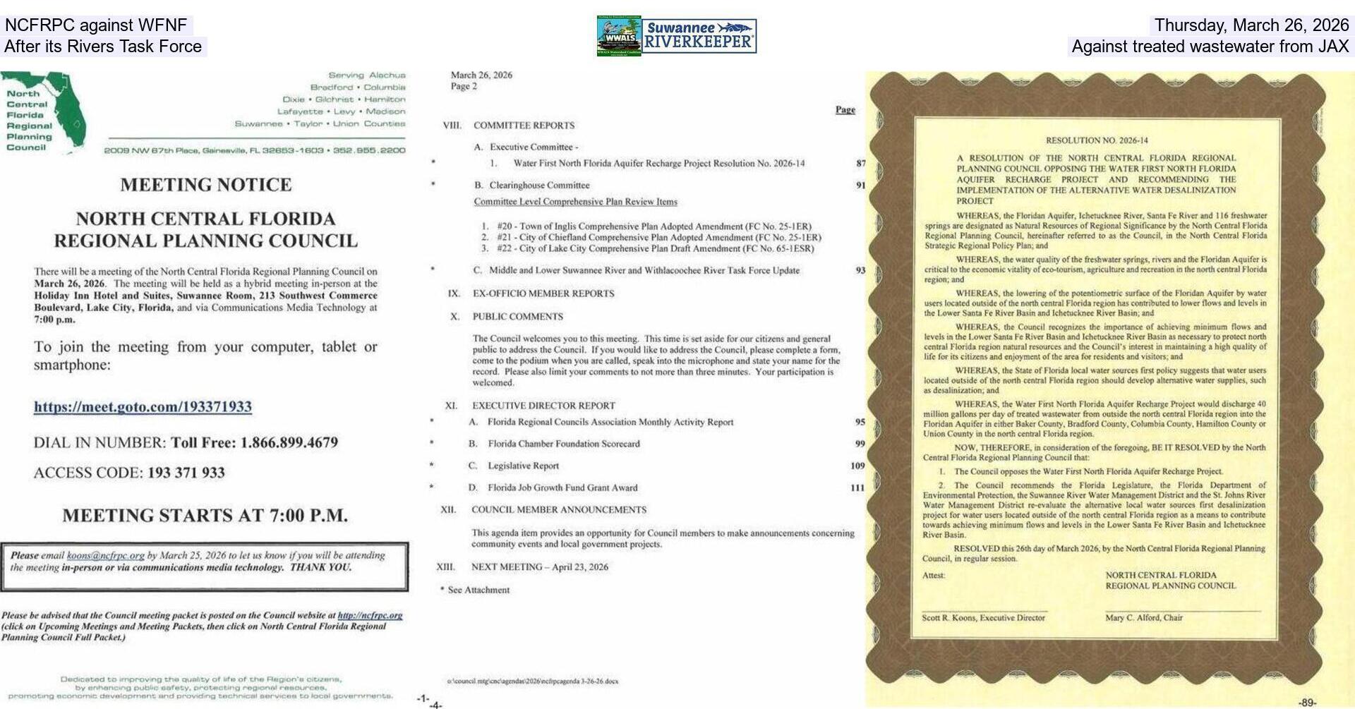 [NCFRPC against WFNF, Thursday, March 26, 2026, After its Task Force, Against treated wastewater from JAX]