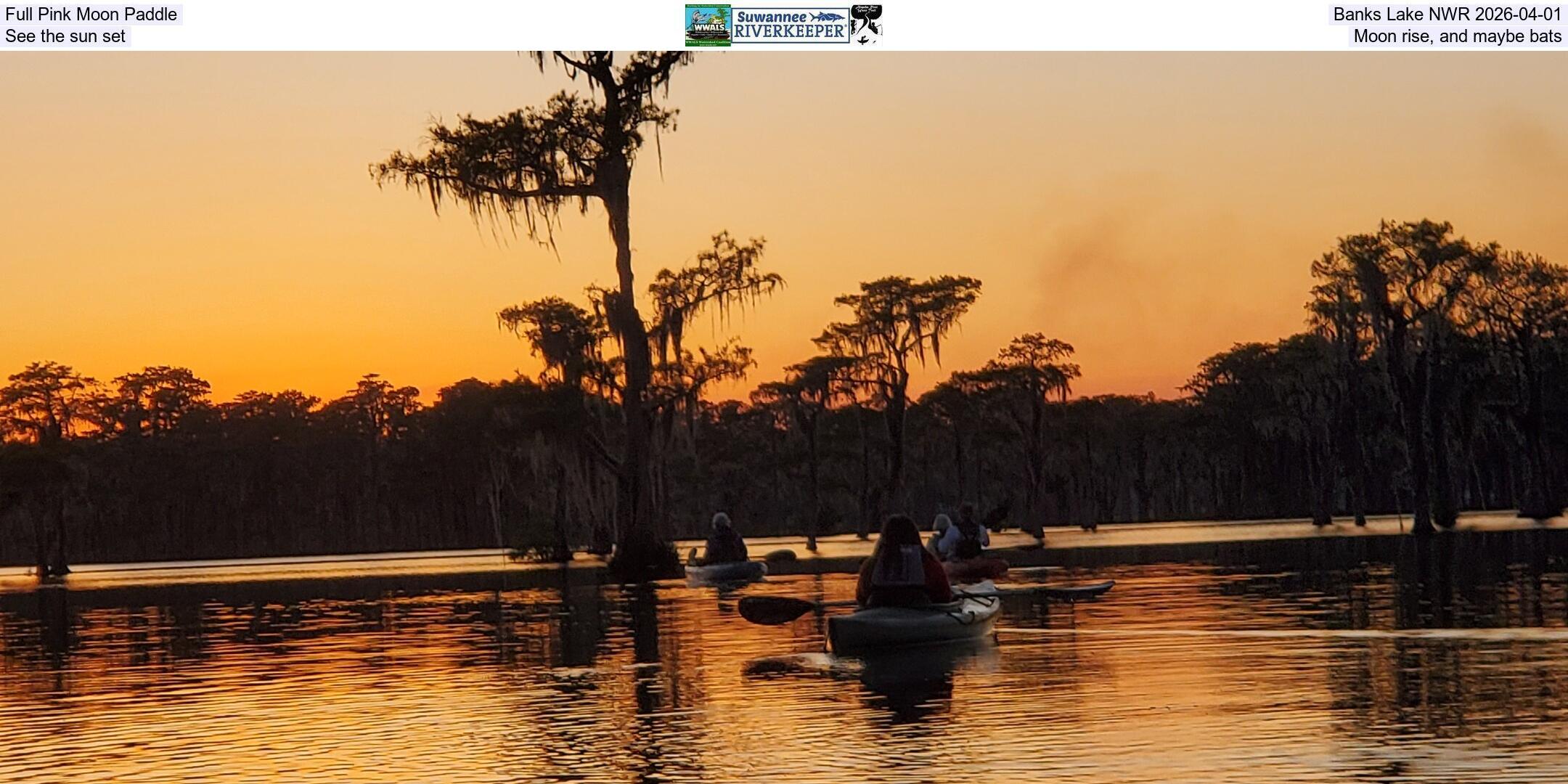Full Pink Moon Paddle, Banks Lake NWR 2026-04-01, See the sun set, Moon rise, and maybe bats