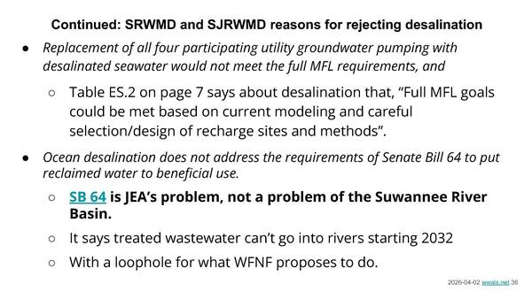 Continued: SRWMD and SJRWWMD reasons for rejecting desalination