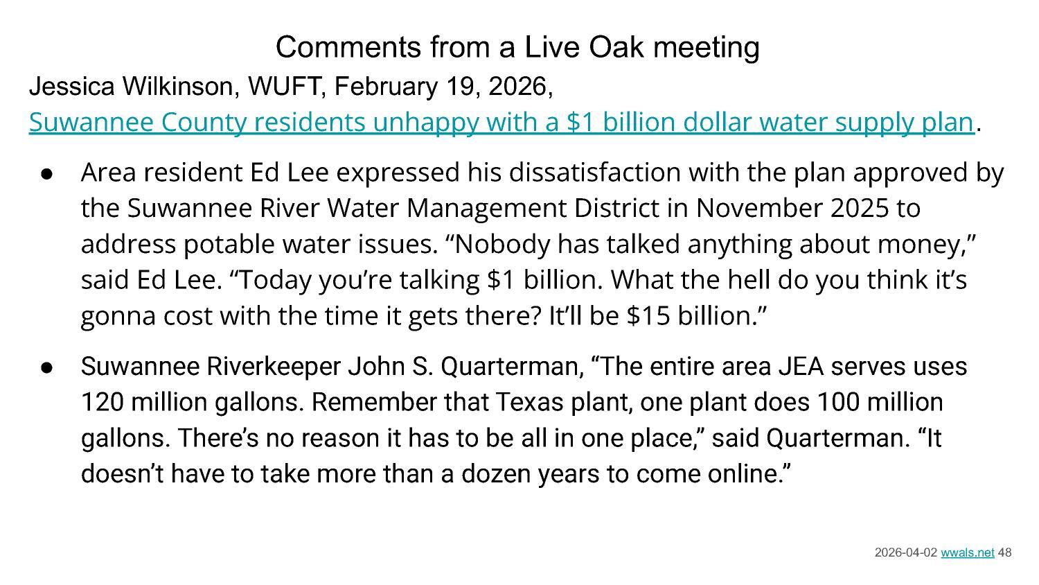 Comments from a Live Oak meeting