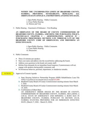 [Public Hearing, Public Comments, Consent Agenda]