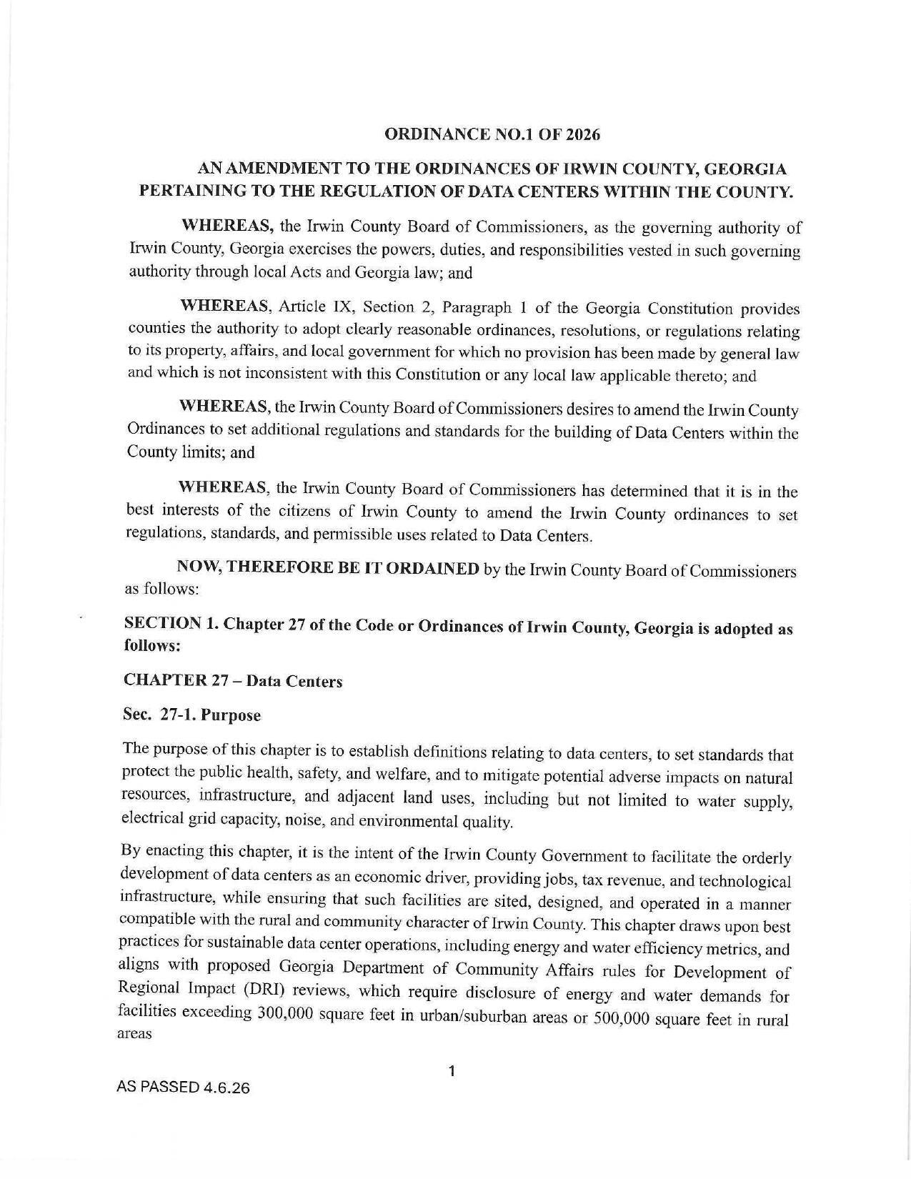 Ordinance No. 1 of 2026; Sec. 27-1. Purpose