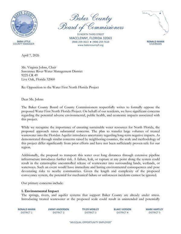 [Re: Opposition to the Water First North Florida Project, 2026-04-07 --Baker County BOCC]