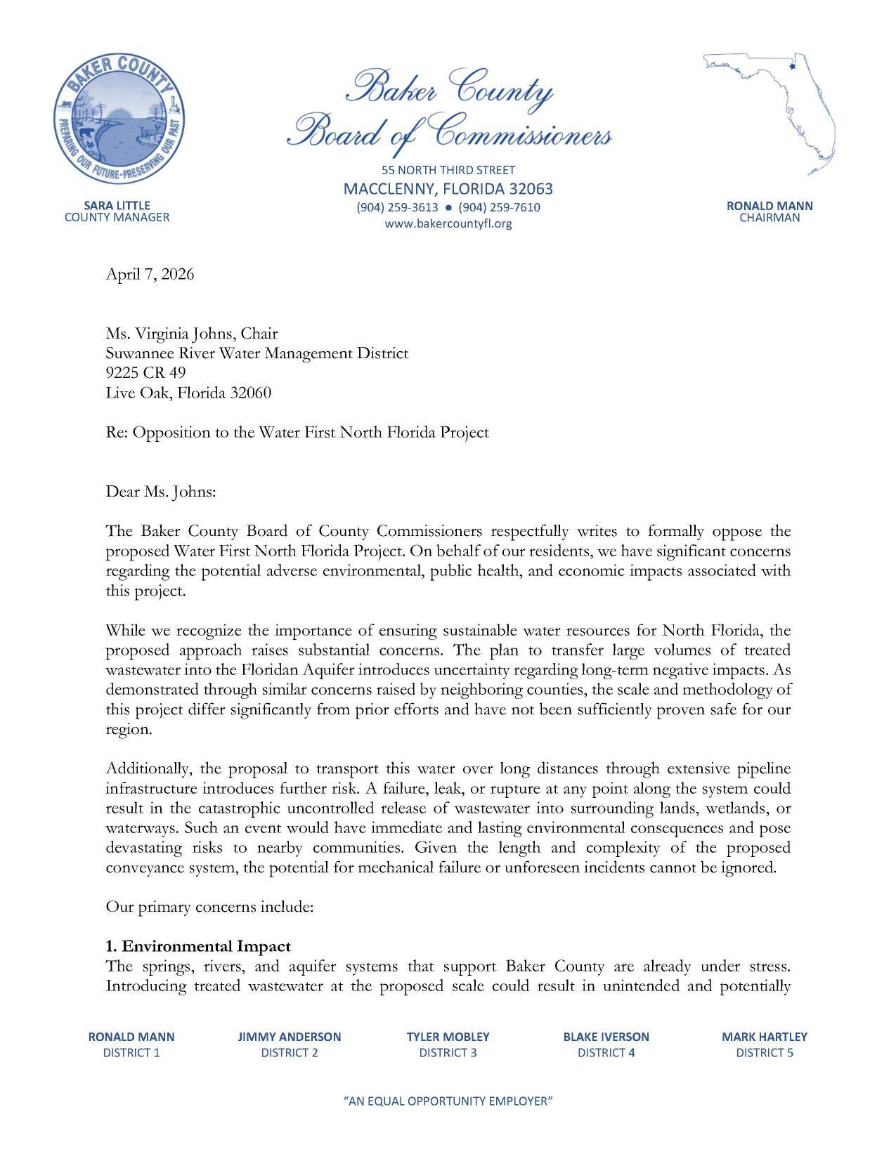 Re: Opposition to the Water First North Florida Project, 2026-04-07 --Baker County BOCC