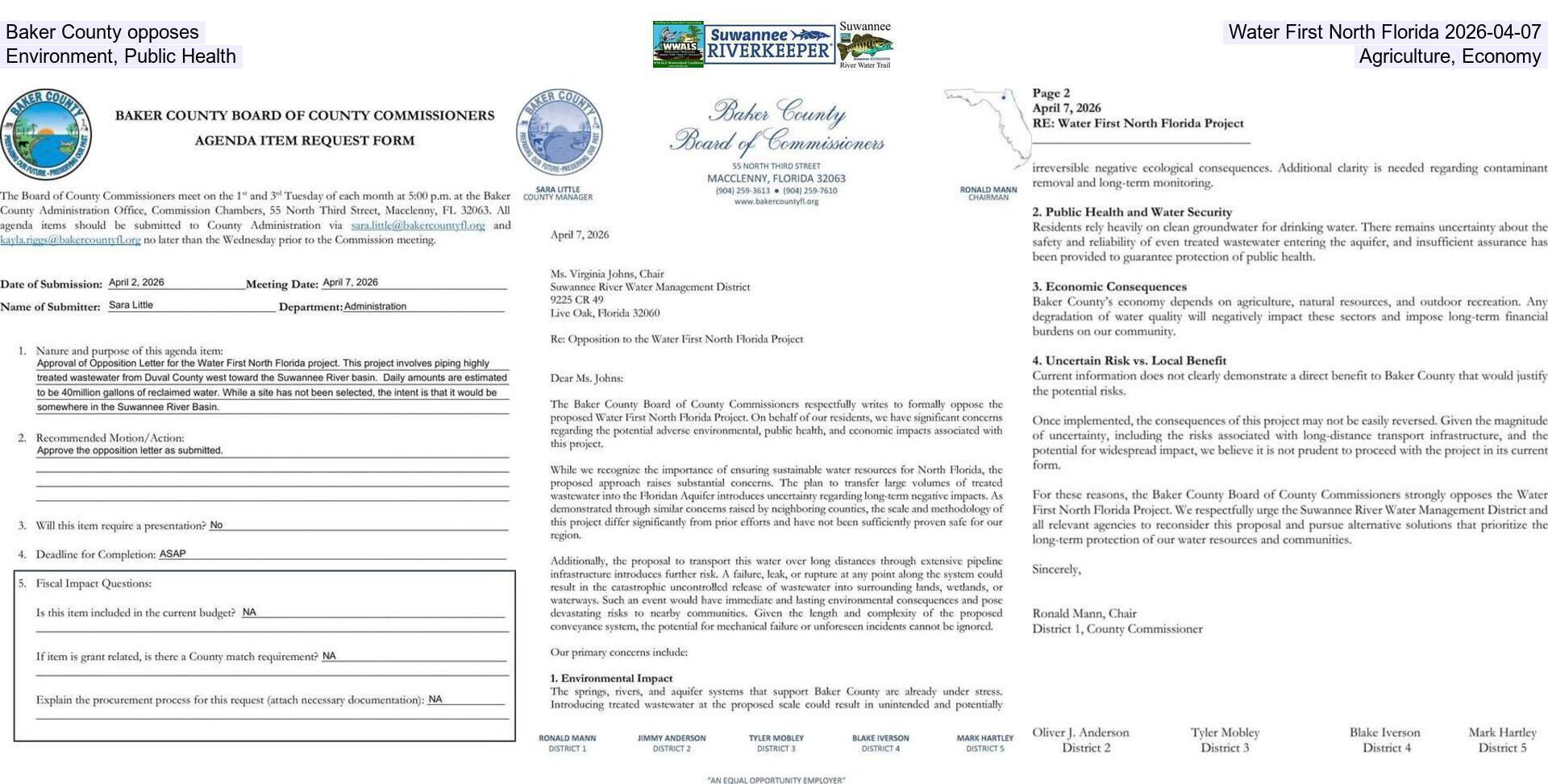 Baker County opposes Water First North Florida 2026-04-07, Environment, Public Health, Agriculture, Economy