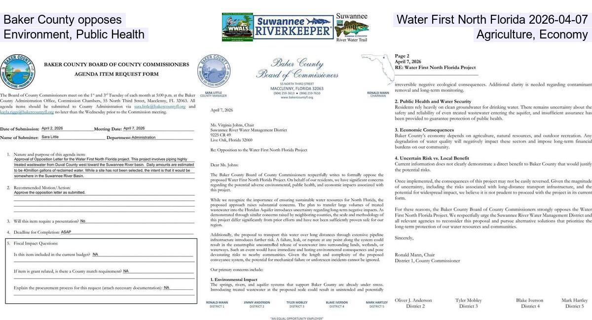 Baker County opposes Water First North Florida 2026-04-07, Environment, Public Health, Agriculture, Economy