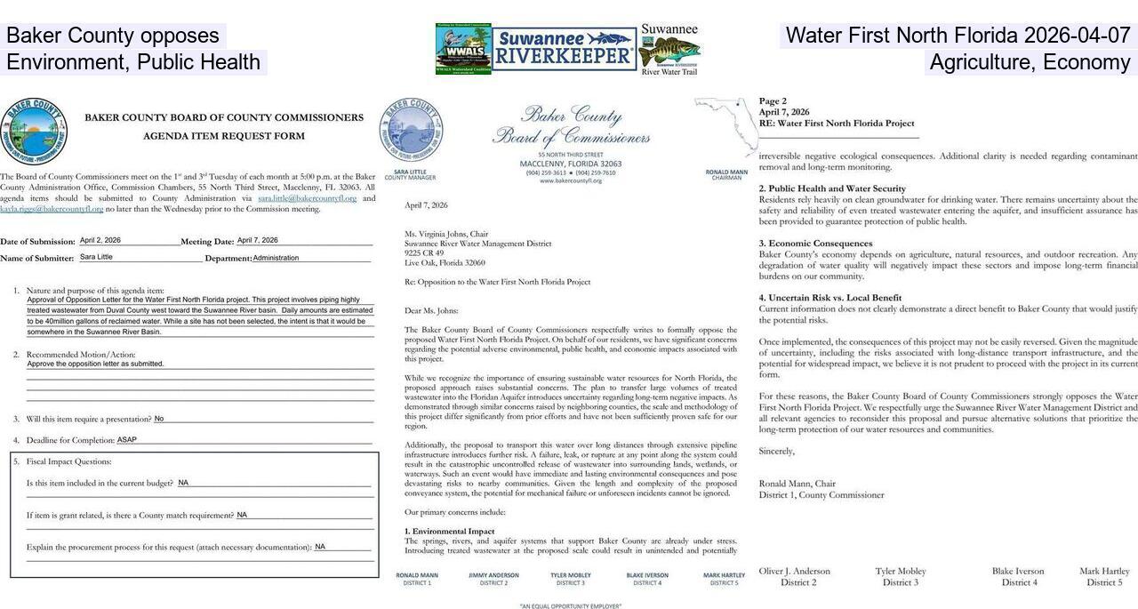 Baker County opposes Water First North Florida 2026-04-07, Environment, Public Health, Agriculture, Economy