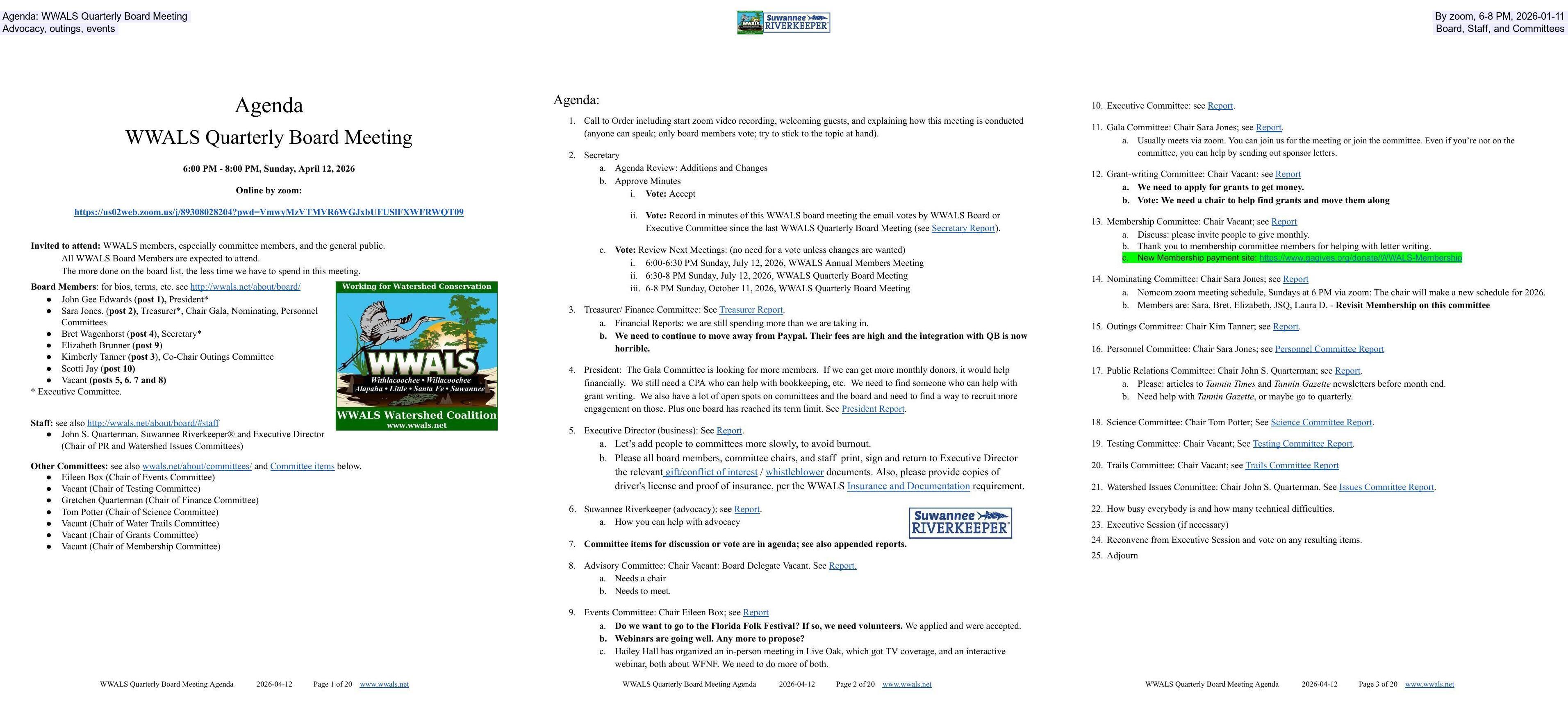 [Agenda: WWALS Quarterly Board Meeting, By zoom, 6-8 PM, 2026-01-11, Advocacy, outings, events, Board, Staff, and Committees]