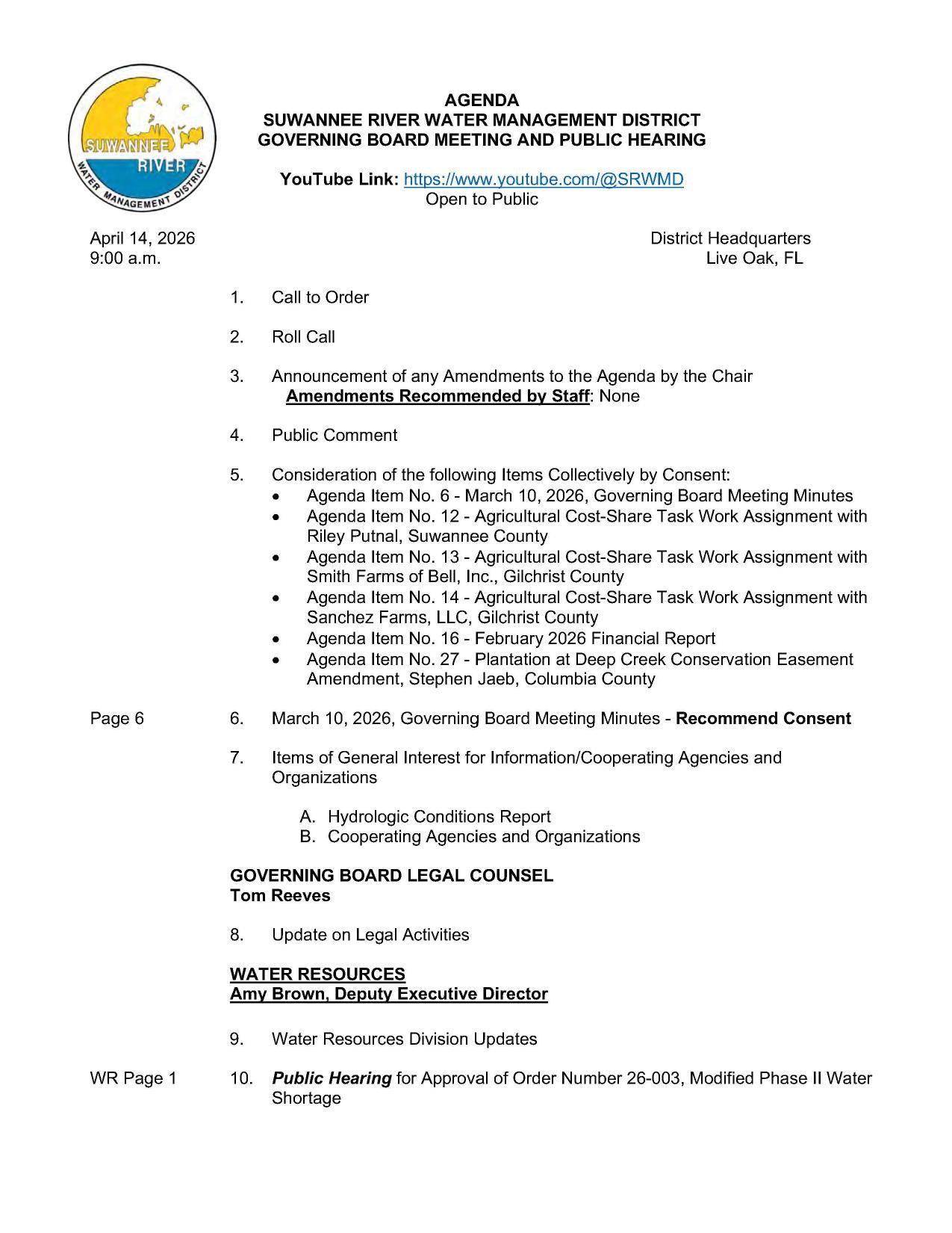 Agenda, 2026-04-14, SRWMD Governing Board; 10. Public Hearing for Approval of Order Number 26-003, Modified Phase II Water