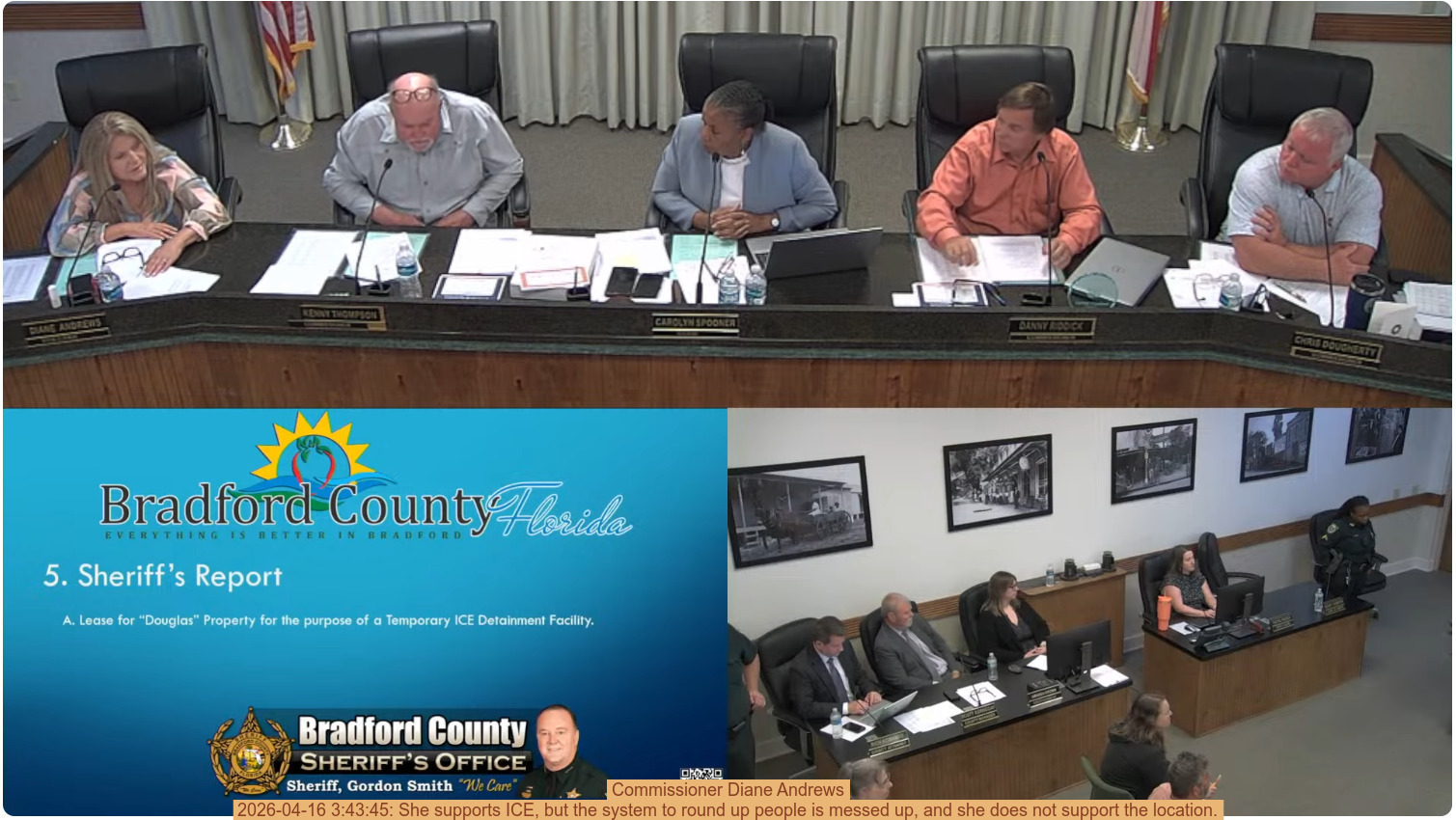 Commissioner Diane Andrews, 2026-04-16 3:43:45: She supports ICE, but the system to round up people is messed up, and she does not support the location.