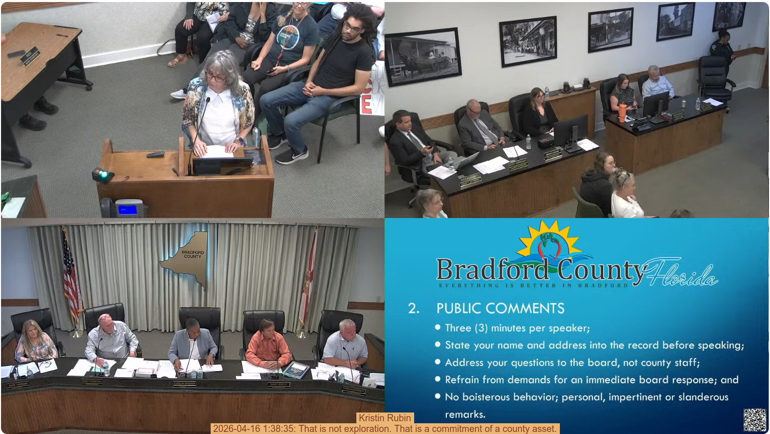 Kristin Rubin, 2026-04-16 1:38:35: That is not exploration. That is a commitment of a county asset.