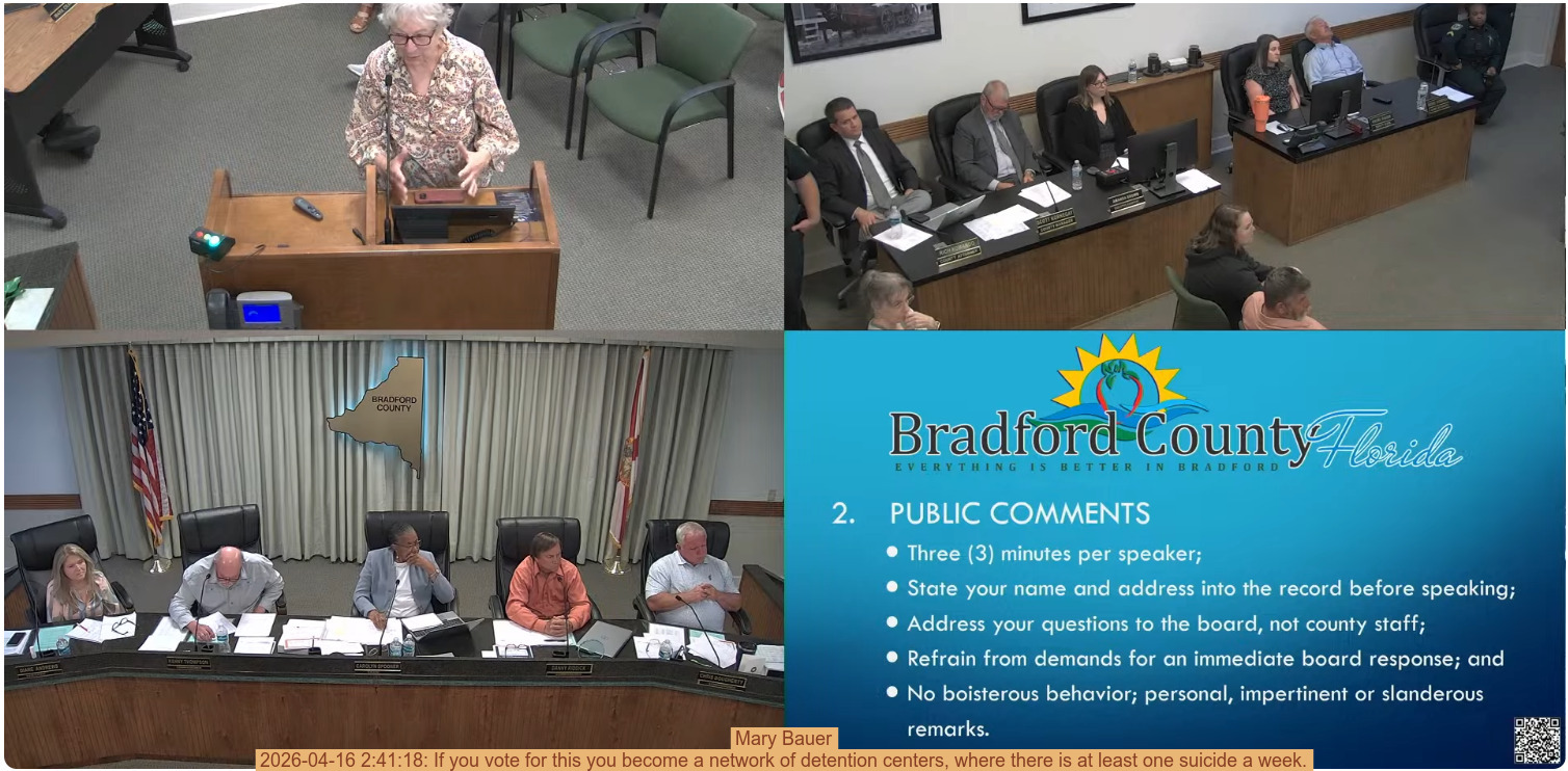 Mary Bauer, 2026-04-16 2:41:18: If you vote for this you become a network of detention centers, where there is at least one suicide a week.