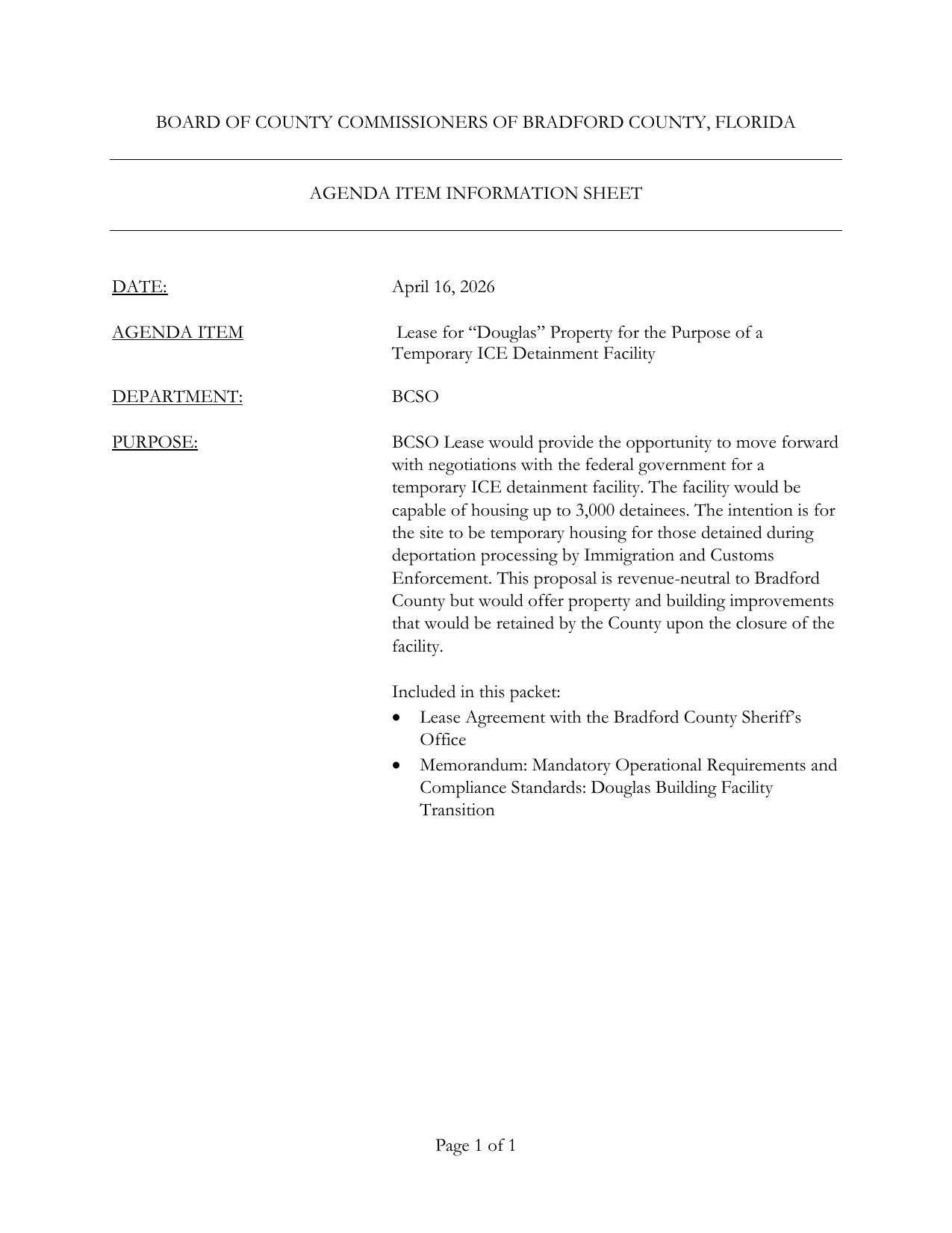 Page 17: AGENDA ITEM Lease for “Douglas” Property for the Purpose of a Temporary ICE Detainment Facility, 2026-04-16 --Bradford County, FL, BOCC