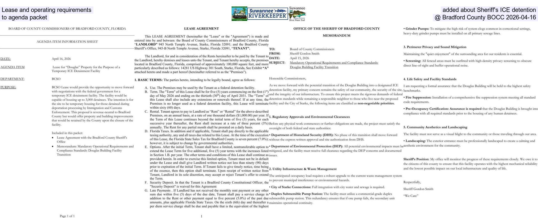 Lease and operating requirements added about Sheriff's ICE detention to agenda packet @ Bradford County BOCC 2026-04-16
