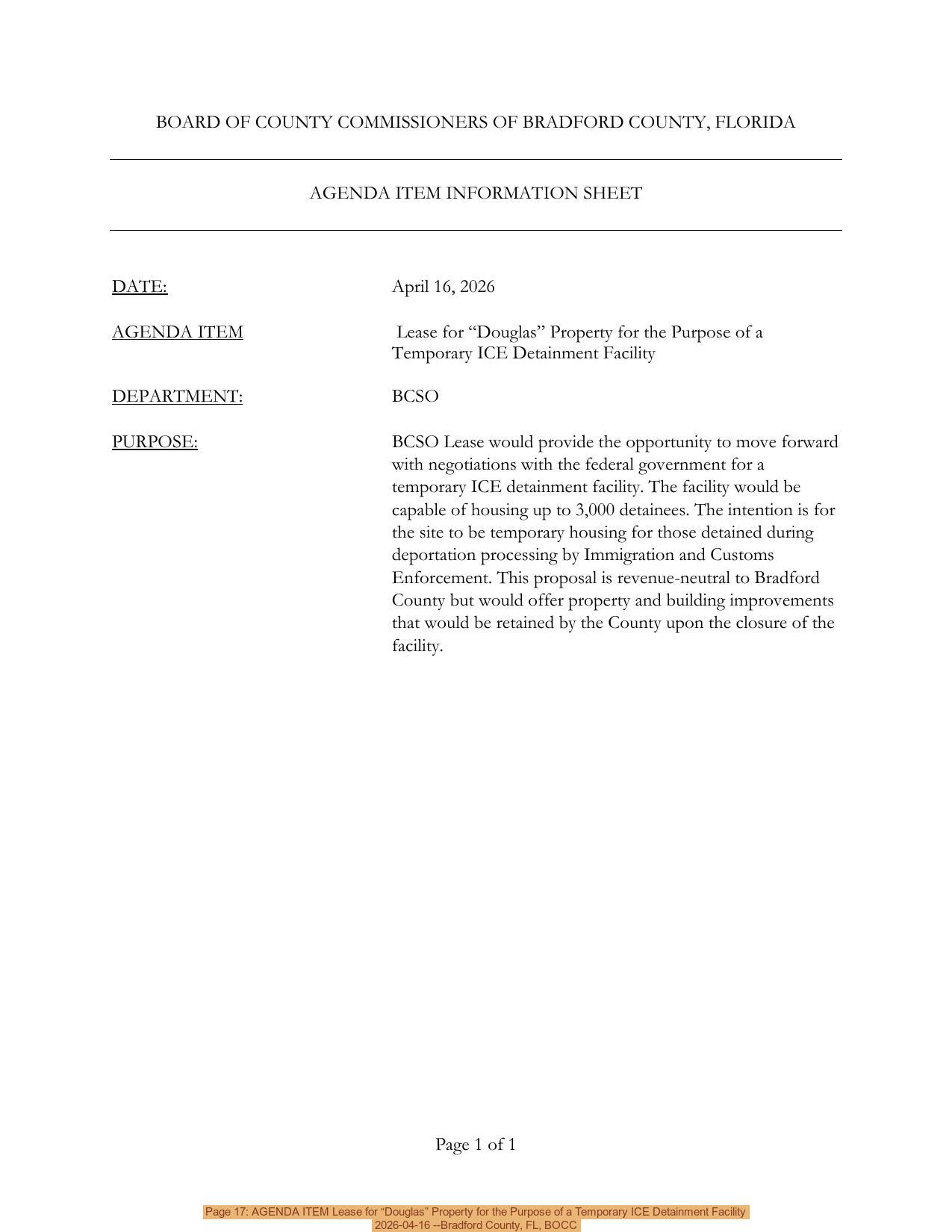 Page 17: AGENDA ITEM Lease for “Douglas” Property for the Purpose of a Temporary ICE Detainment Facility, 2026-04-16 --Bradford County, FL, BOCC